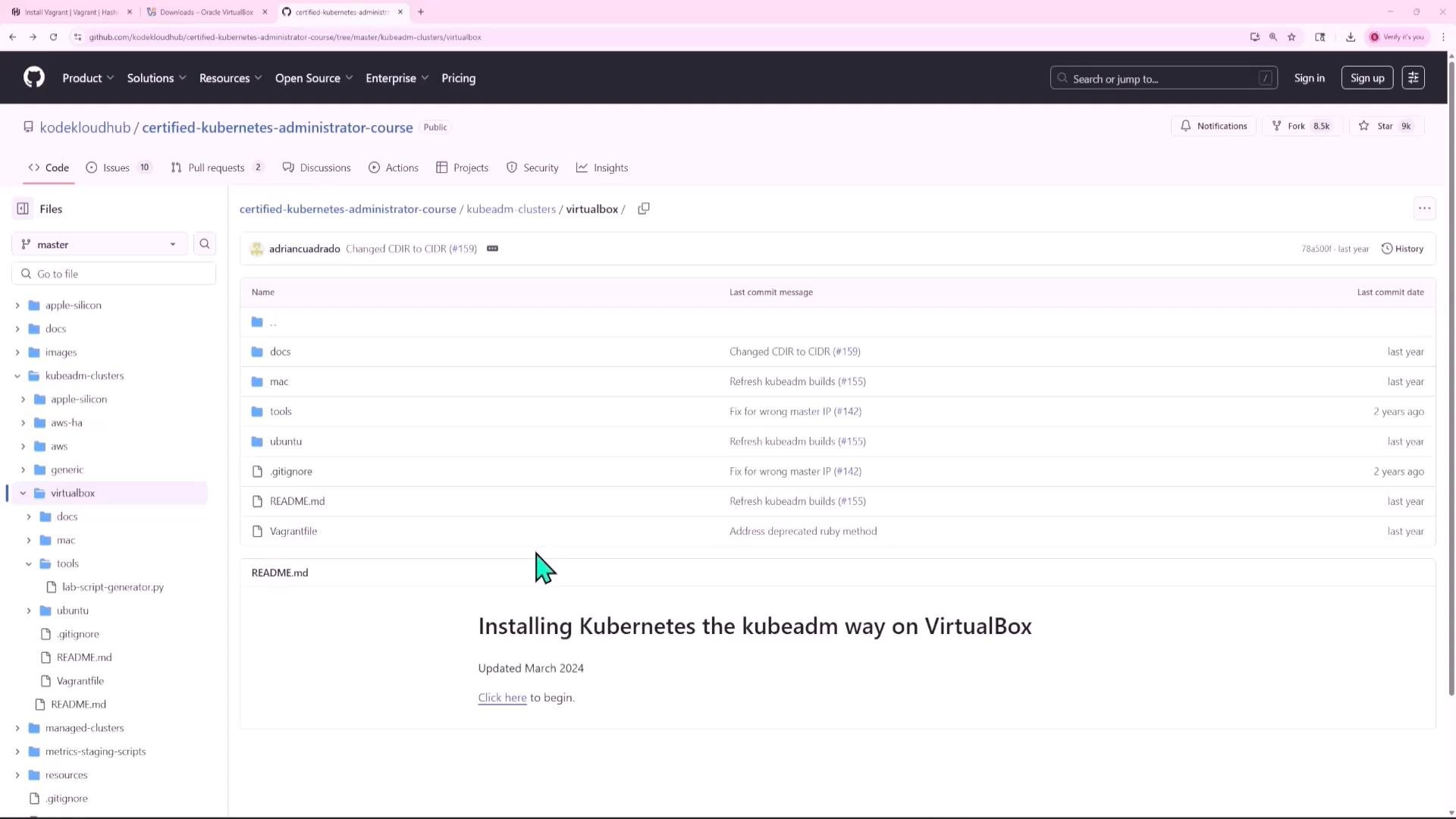 A screenshot of a GitHub repository page (kodekloudhub / certified-kubernetes-administrator-course) showing the file tree and a README titled "Installing Kubernetes the kubeadm way on VirtualBox."