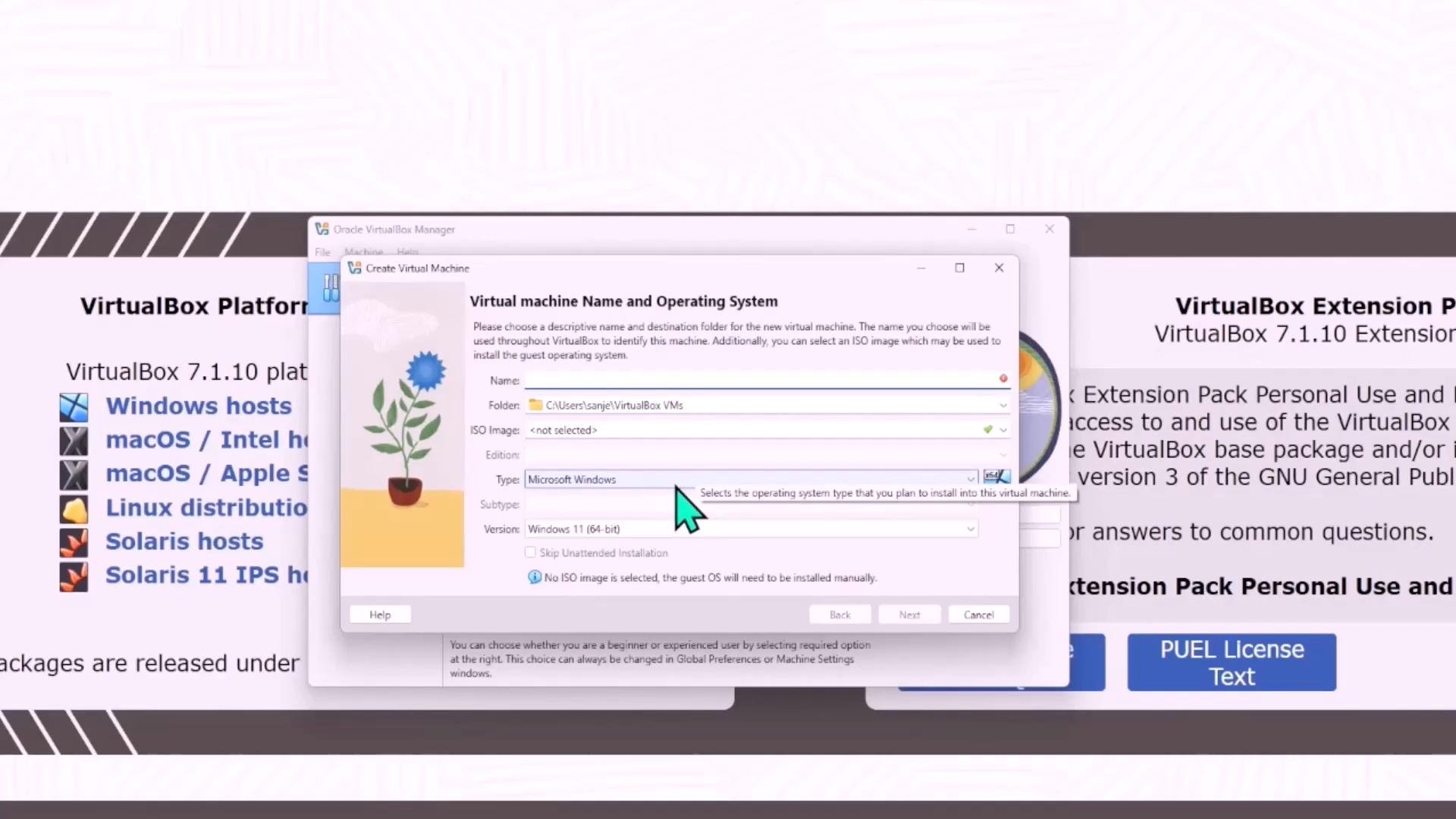 A screenshot of Oracle VirtualBox’s "Create Virtual Machine" dialog, showing fields for name, folder, ISO image and the OS type set to Microsoft Windows (Windows 11 64-bit). The VirtualBox download/extension pack webpage is visible in the background.