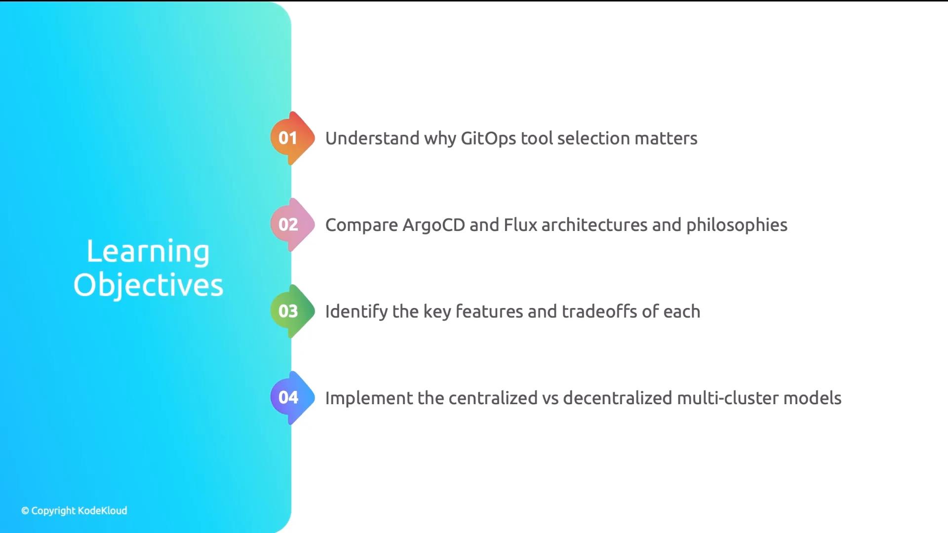 A slide titled "Learning Objectives" listing four numbered goals about GitOps: understanding why tool selection matters, comparing ArgoCD and Flux architectures, identifying key features and tradeoffs, and implementing centralized vs decentralized multi-cluster models.