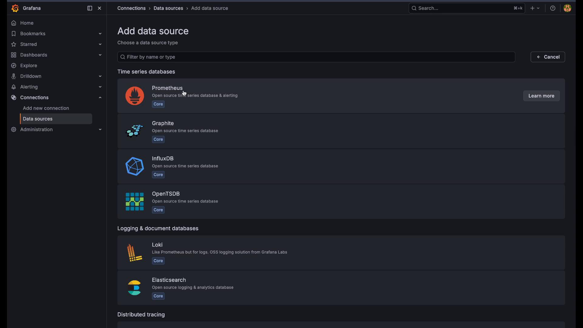 A screenshot of Grafana's "Add data source" interface in dark mode. It shows a list of time-series and logging/database options including Prometheus, Graphite, InfluxDB, OpenTSDB, Loki, and Elasticsearch.