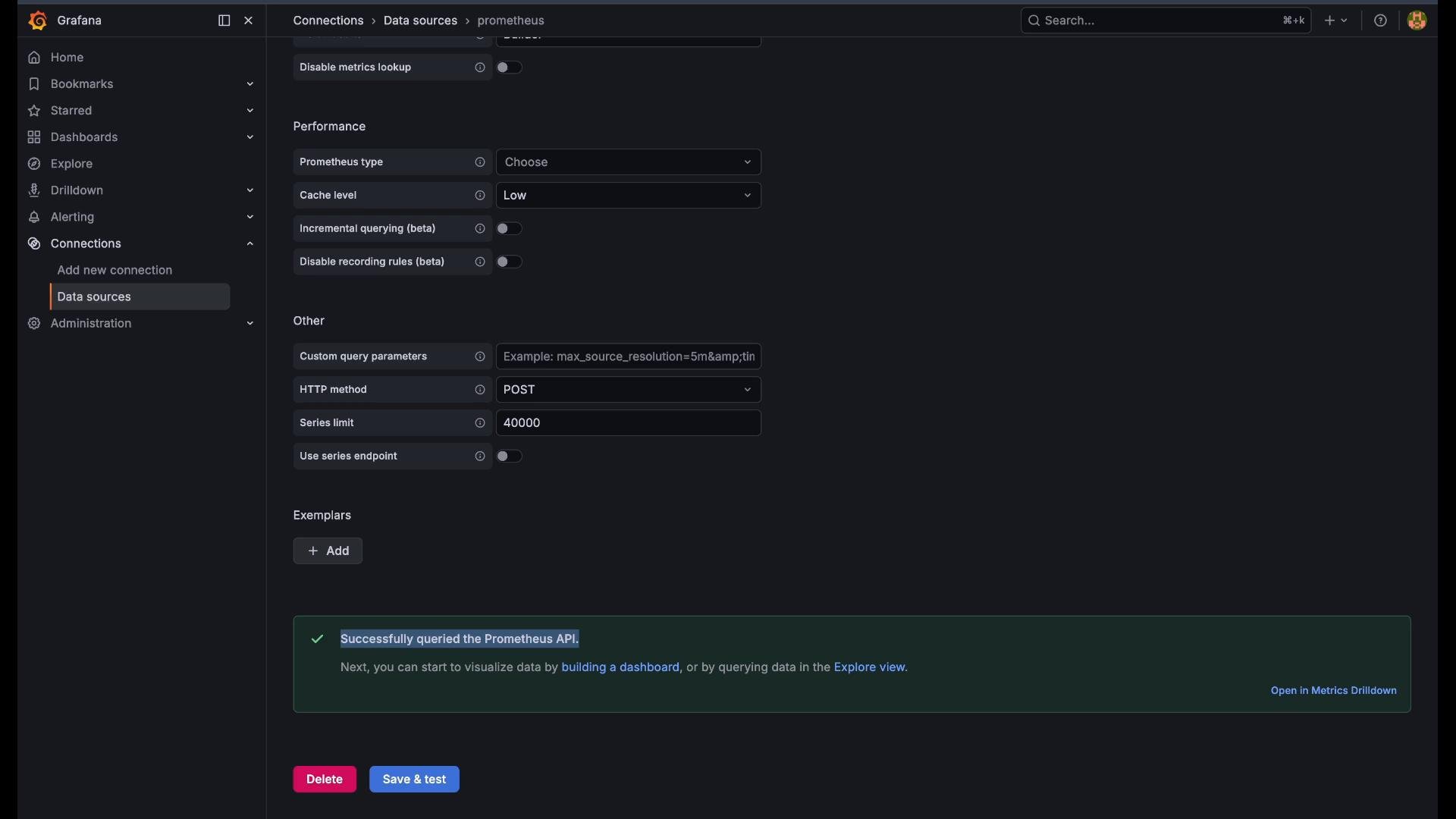 A screenshot of Grafana’s Connections > Data sources > Prometheus settings page showing performance and query options (e.g., cache level, HTTP method set to POST, series limit 40000). A green banner at the bottom indicates "Successfully queried the Prometheus API," with Delete and Save & test buttons visible.