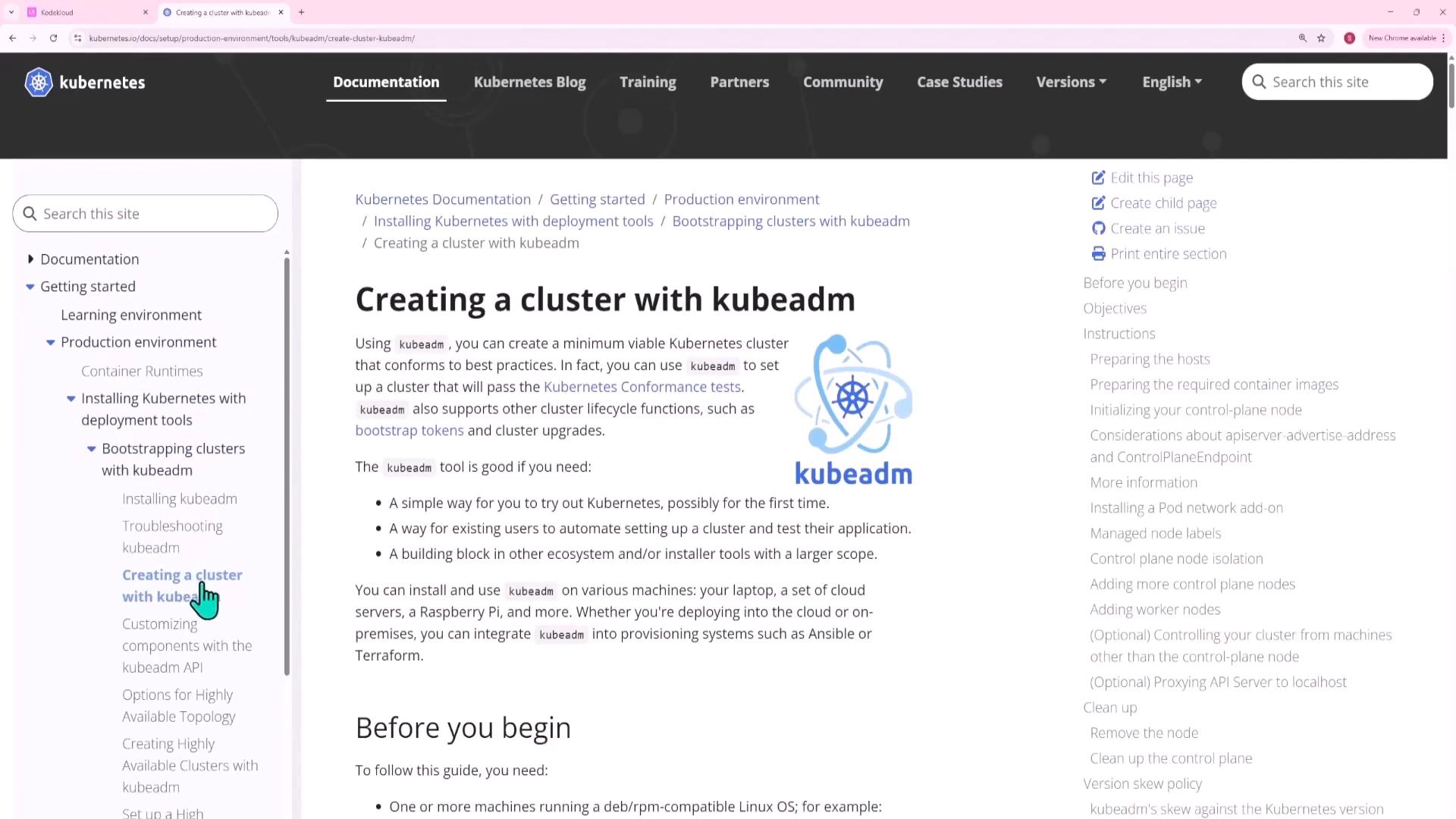 A screenshot of the Kubernetes documentation web page titled "Creating a cluster with kubeadm," showing the article content, a kubeadm logo, and navigation menus on the left and right.