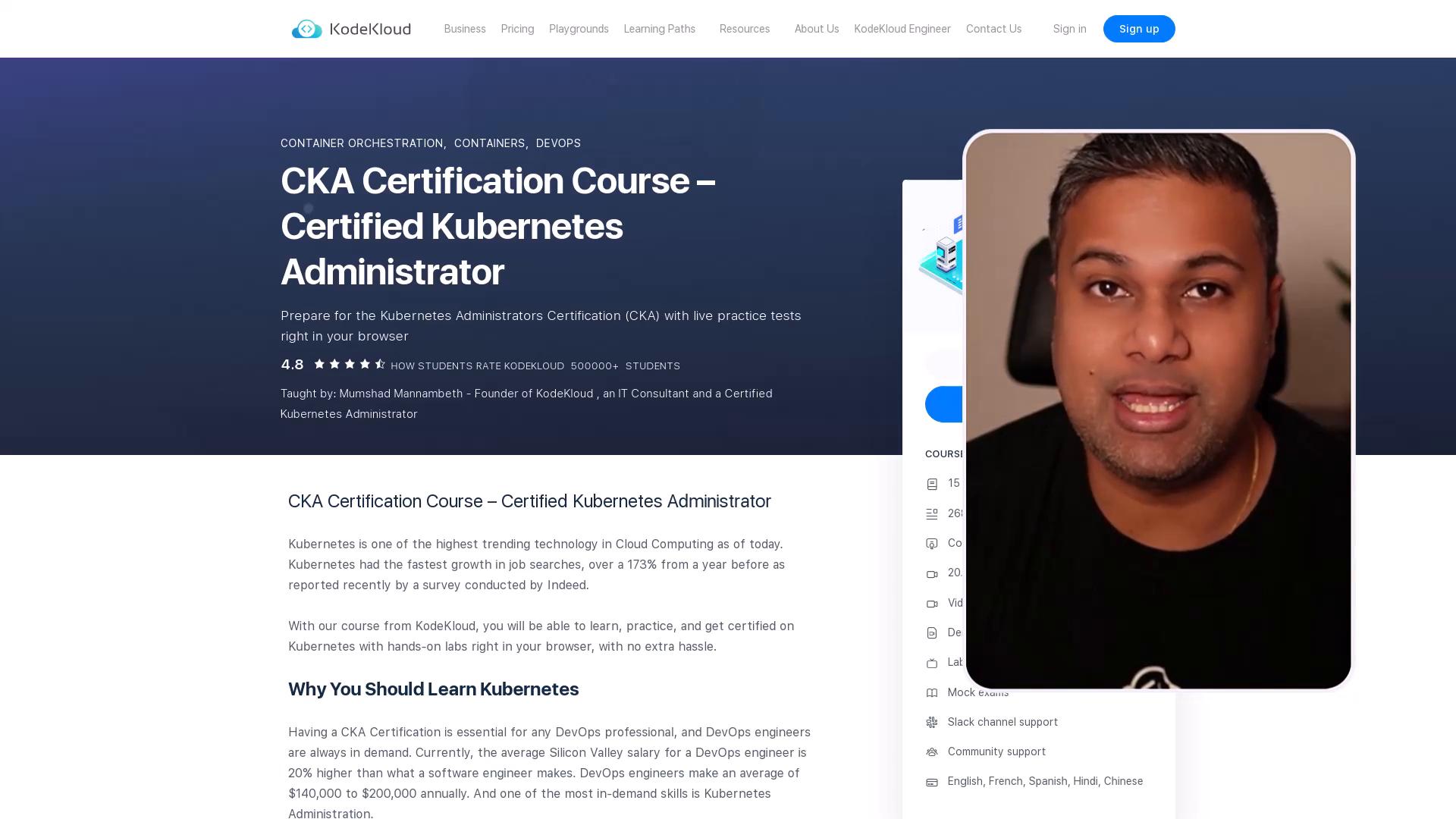 A webpage for a "CKA Certification Course — Certified Kubernetes Administrator" on KodeKloud, showing the course title, description and ratings on the left. On the right is a rounded video thumbnail overlay featuring a man speaking.