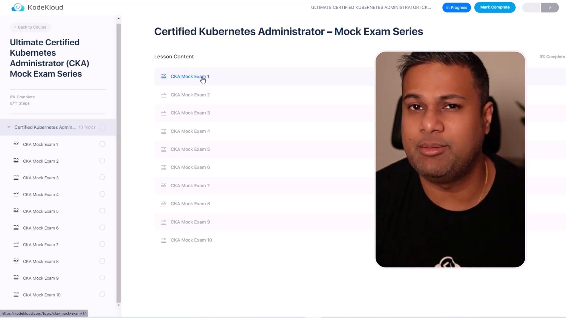 A screenshot of an online course page titled "Certified Kubernetes Administrator – Mock Exam Series" showing a sidebar list of CKA mock exams and lesson content. On the right is a large portrait/video thumbnail of a man.