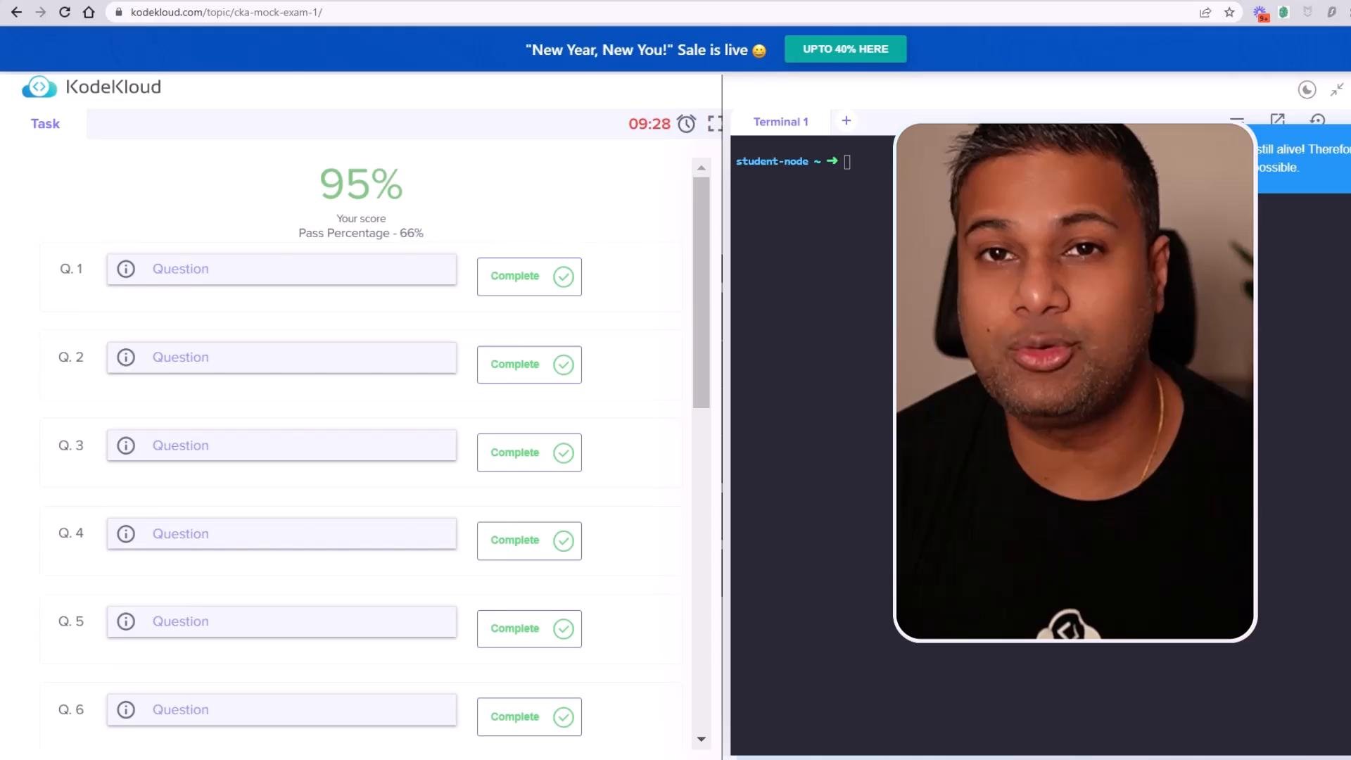 A split-screen shows a KodeKloud exam page on the left displaying a 95% score and completed question list, while the right side shows a webcam-style video of a man speaking.