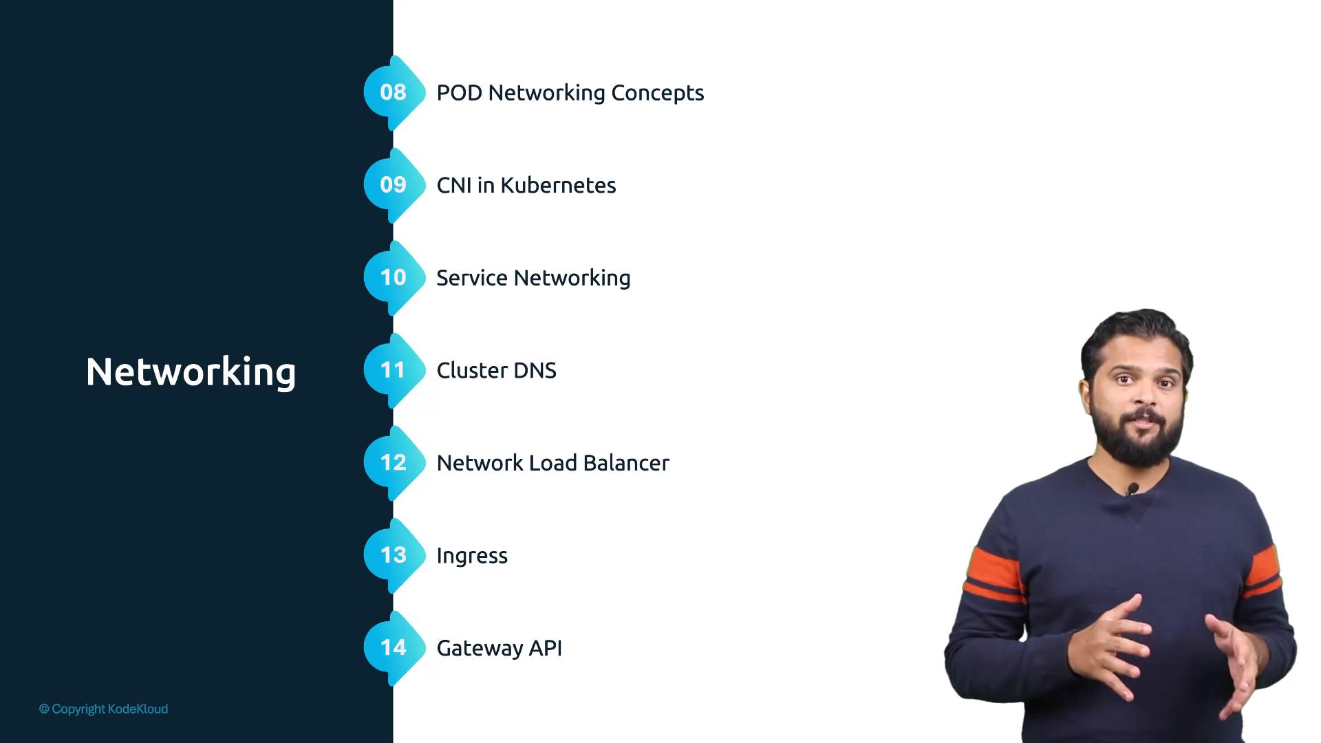 A presentation slide titled "Networking" lists Kubernetes networking topics (POD Networking Concepts; CNI in Kubernetes; Service Networking; Cluster DNS; Network Load Balancer; Ingress; Gateway API). A presenter stands to the right, gesturing while speaking.