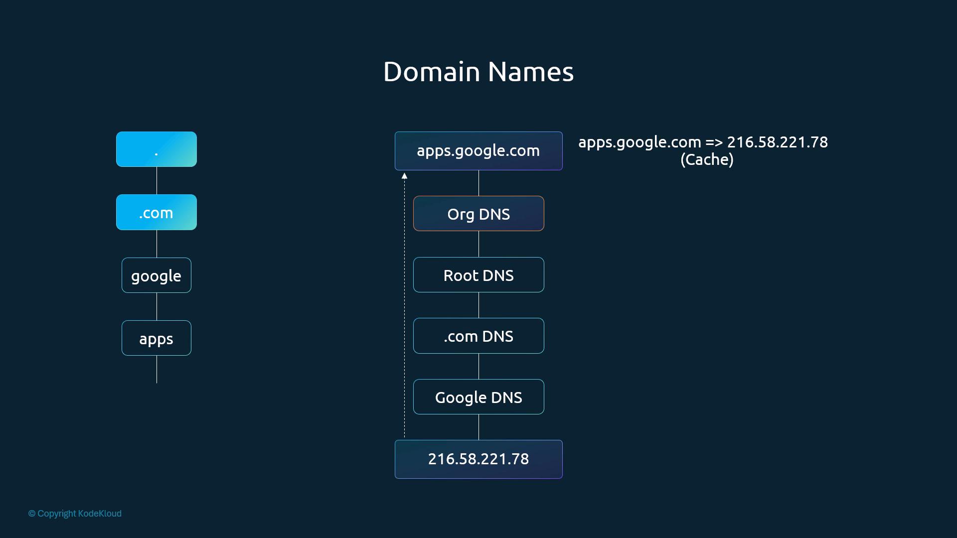 An infographic titled "Domain Names" showing the DNS resolution path for apps.google.com, with the hierarchical labels (.com → google → apps) and DNS stages (Org DNS, Root DNS, .com DNS, Google DNS) resolving to IP 216.58.221.78.