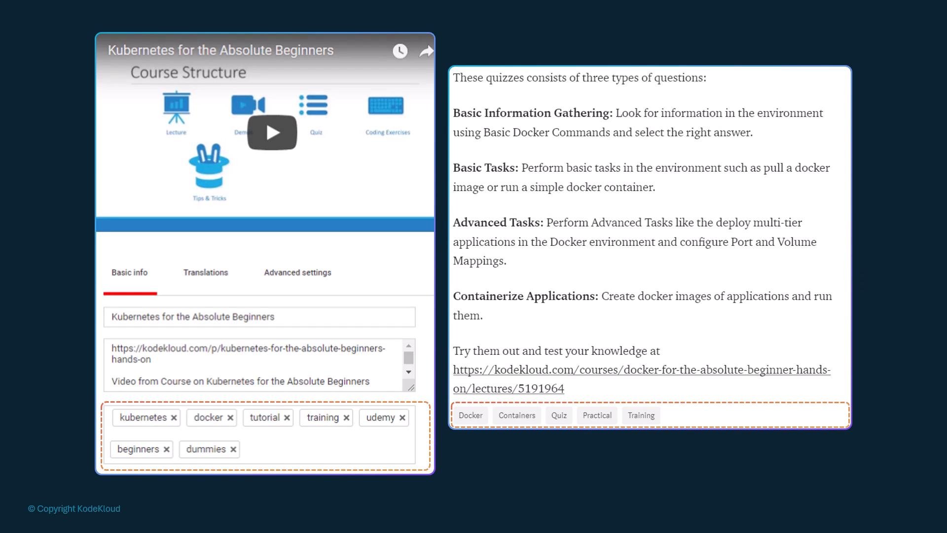 A split screenshot of an online course page titled "Kubernetes for the Absolute Beginners," showing a course-structure video thumbnail, tags and links on the left. On the right is a text panel describing quiz types and tasks for Docker/Kubernetes practice.