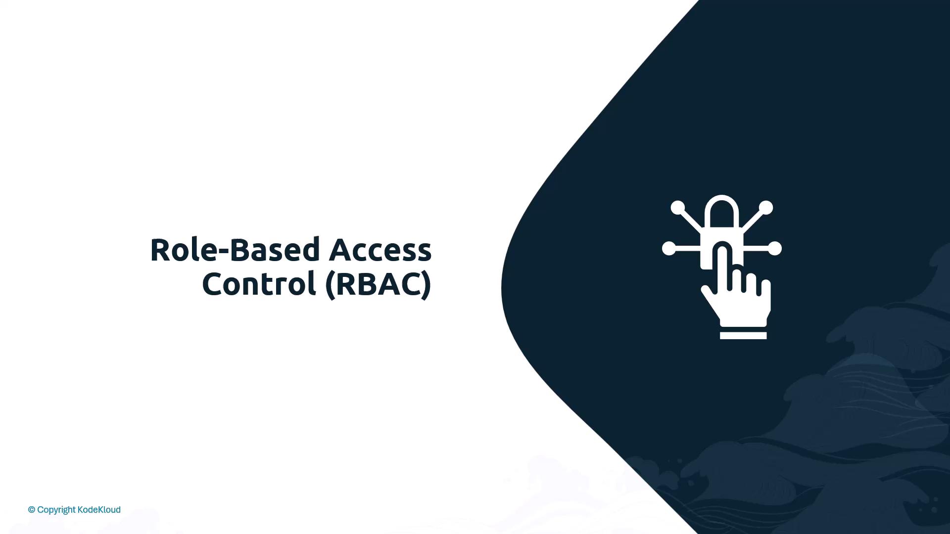 A presentation slide titled "Role-Based Access Control (RBAC)" displayed on a mostly white background with a dark blue curved section showing a padlock icon and a pointing hand. The design includes simple vector graphics and a small copyright notice.