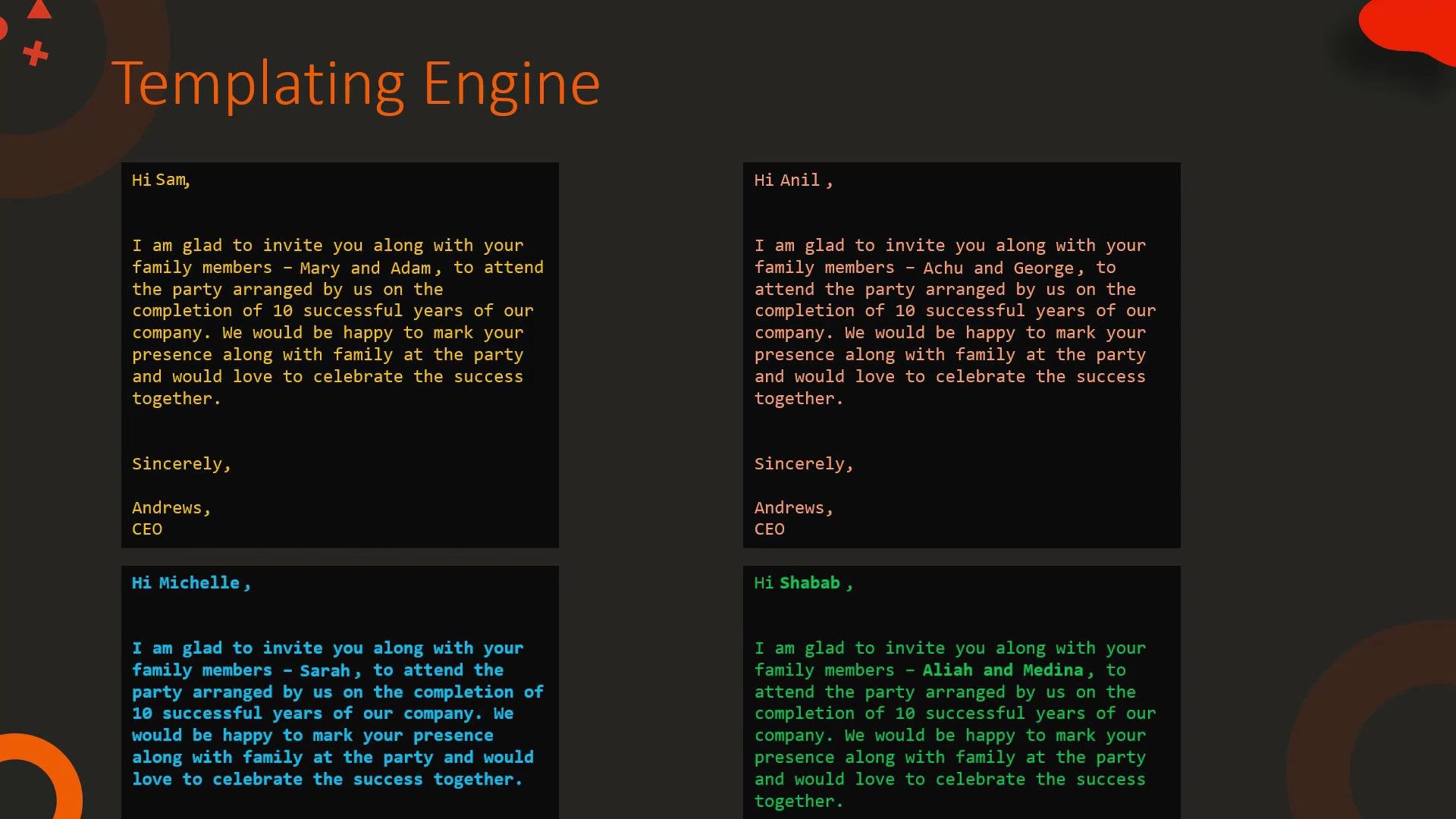 The image displays four invitation templates with differing text colors for different recipients, titled "Templating Engine." Each template invites the recipient and their family to a company celebration.