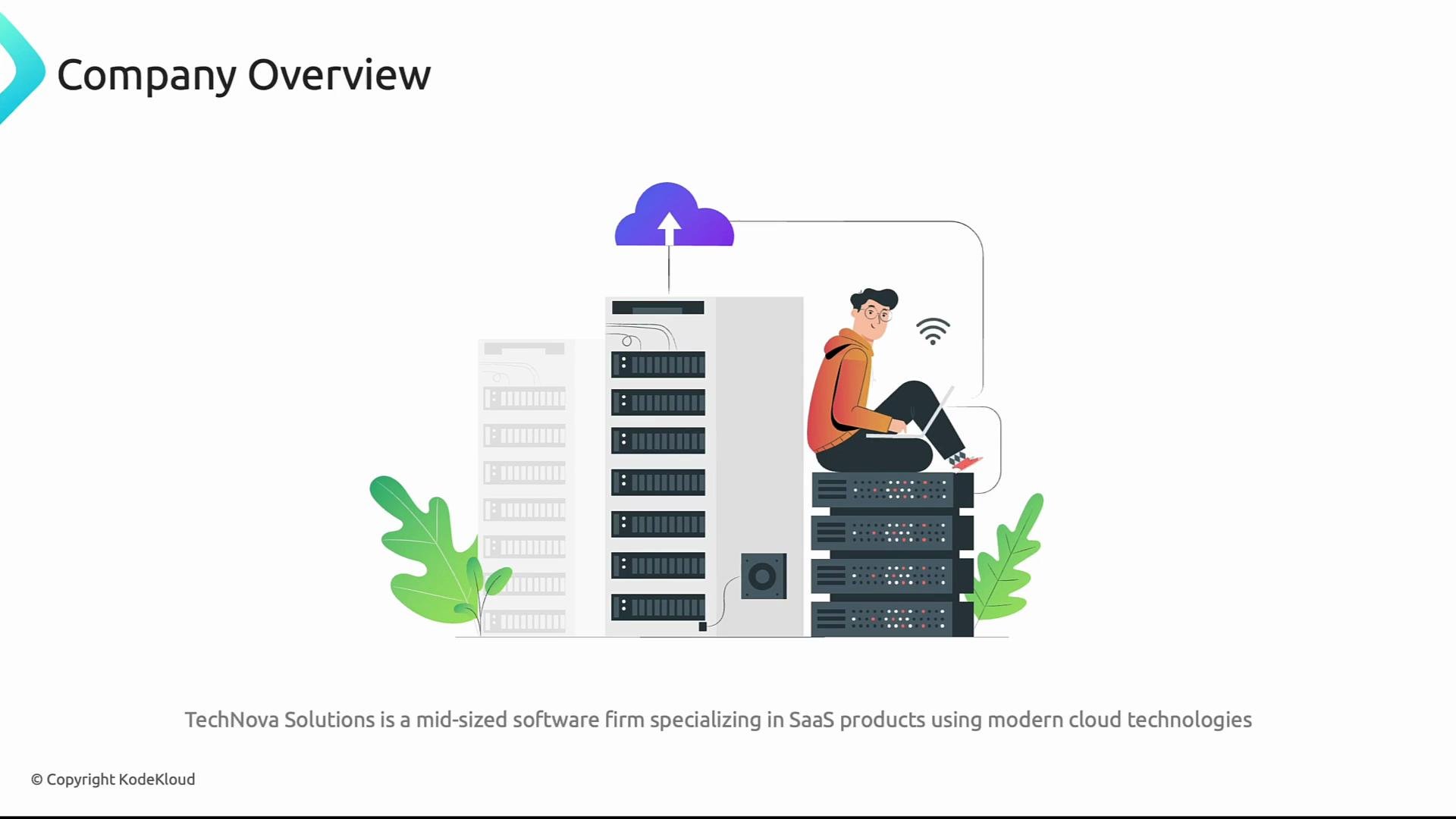 The image shows a person sitting on servers with a laptop, accompanied by a cloud icon, and text describing a company overview about a software firm specializing in SaaS products with cloud technologies.