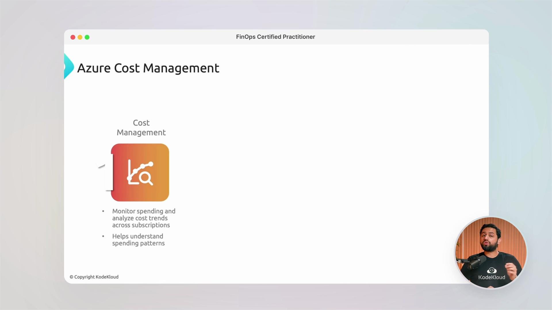 The image is a slide presentation about "Azure Cost Management" with an icon and bullet points emphasizing monitoring and analyzing cost trends. There's also a person in a circular video frame on the lower right corner.