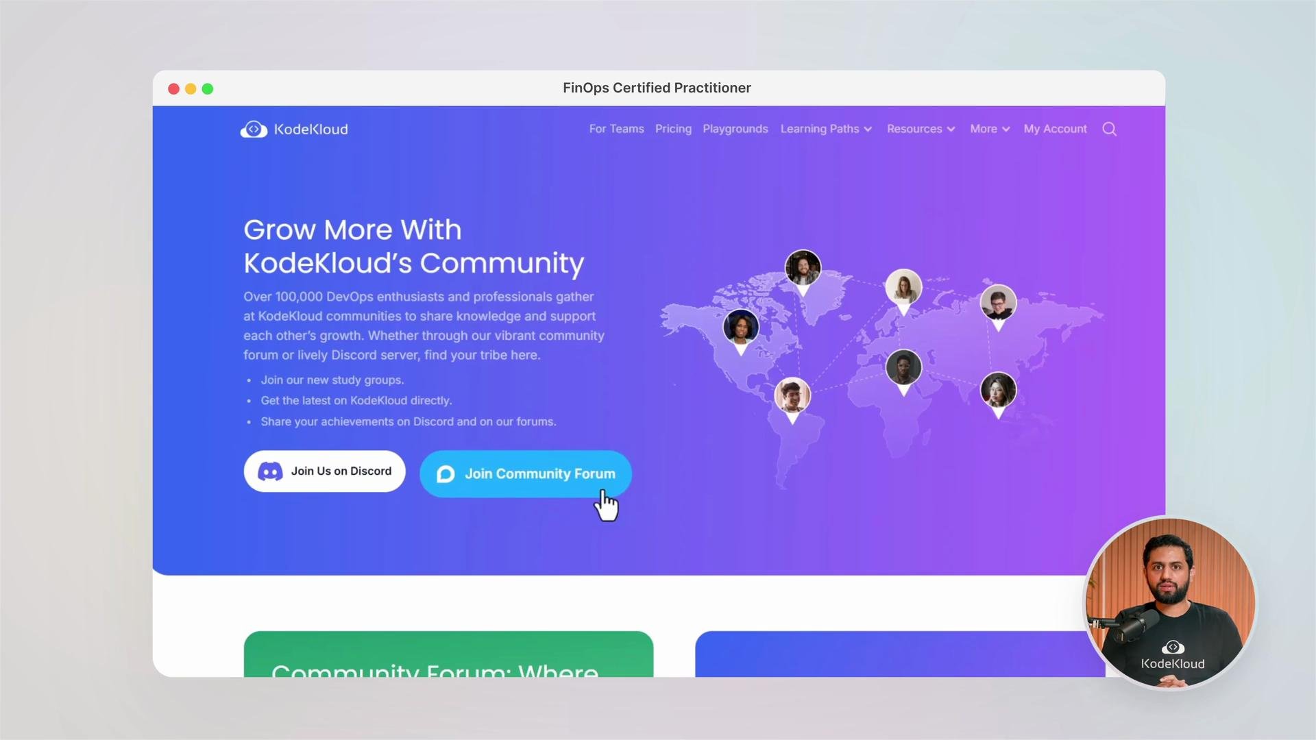 The image is a webpage from KodeKloud promoting its community features with text about joining study groups and forums, and it includes a world map with profile pictures connected by lines. There are buttons for joining Discord and a community forum, and a circular inset shows a person speaking into a microphone.