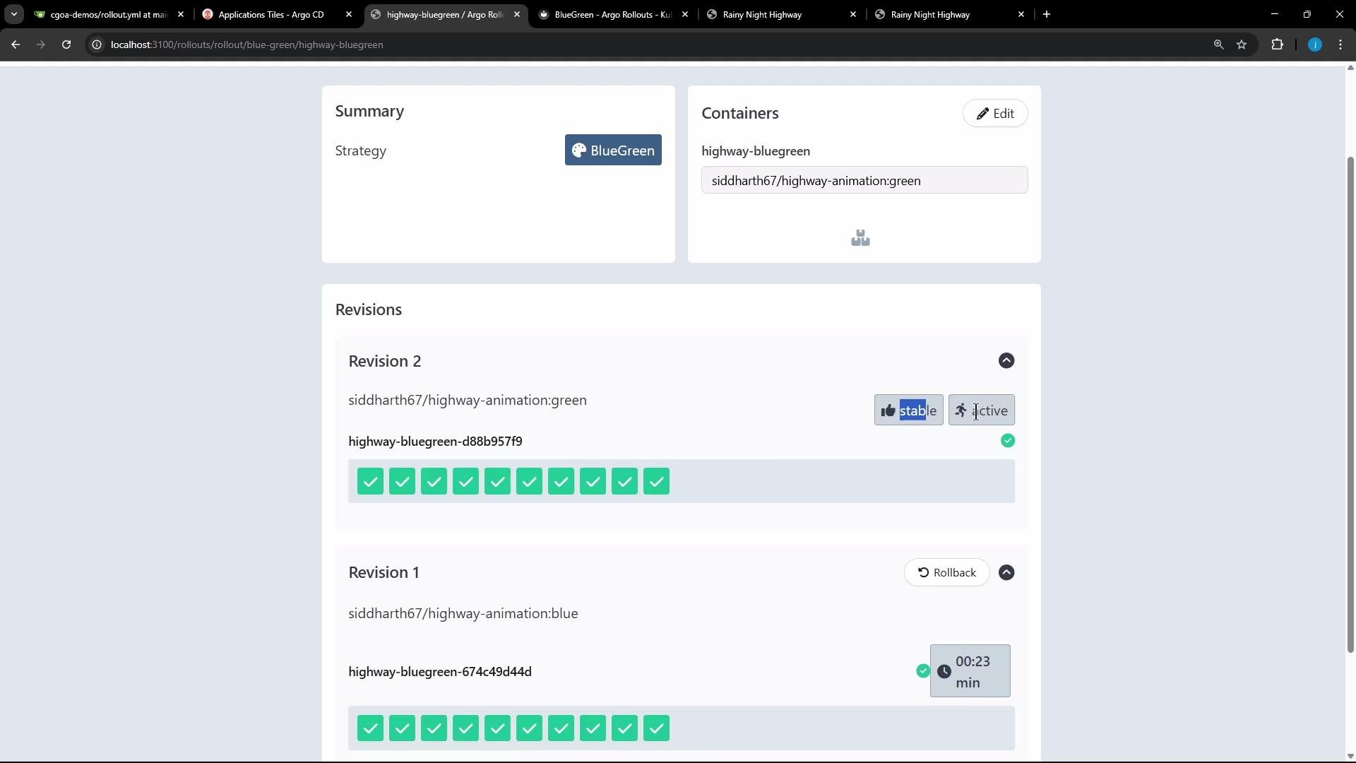 The image shows a user interface for Argo Rollouts with a blue-green deployment strategy. It displays two revisions, with the second revision marked as stable and active.