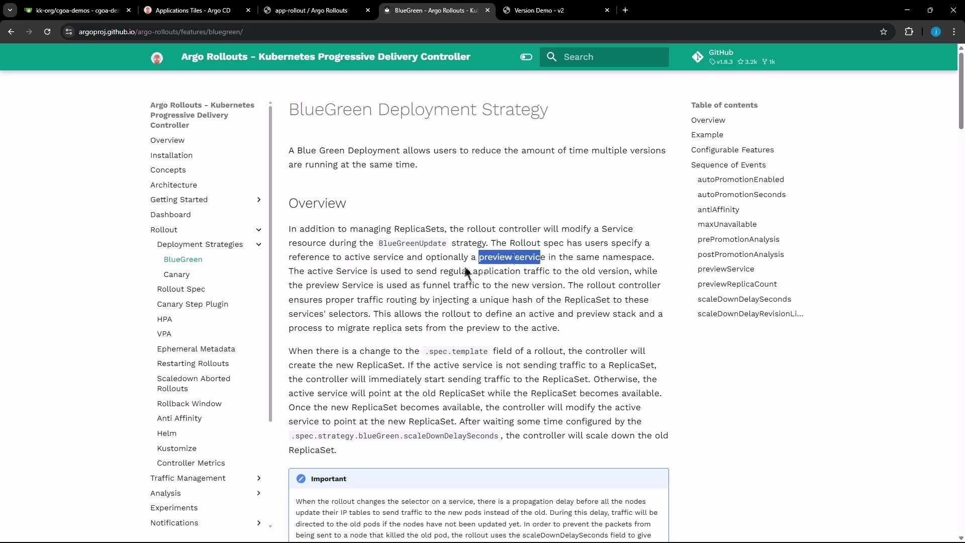 The image shows a webpage from the Argo Rollouts documentation, specifically discussing the BlueGreen Deployment Strategy. It includes an overview of the strategy with a menu on the left and a table of contents on the right.