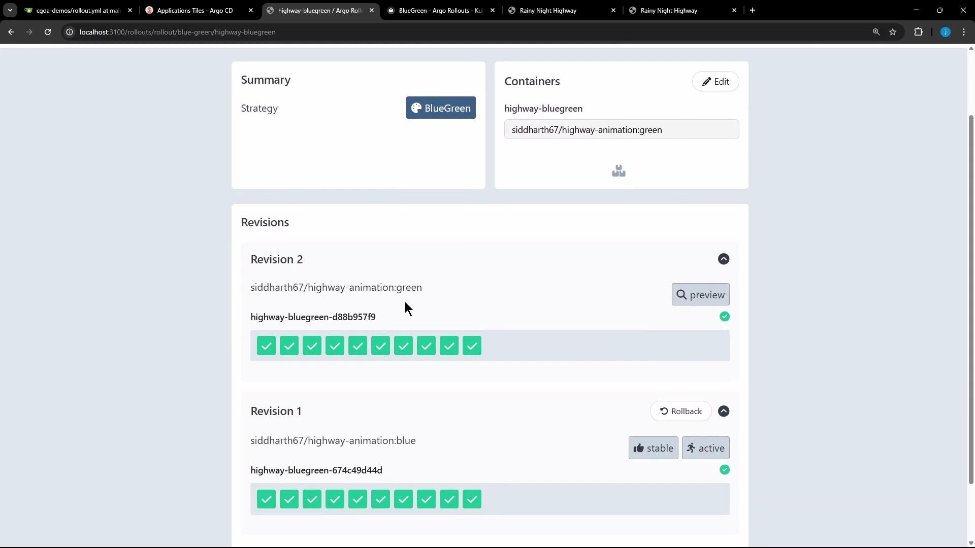 The image shows a BlueGreen deployment interface with details of two revisions, both marked with successful checks. The interface includes options to edit, preview, or roll back changes.