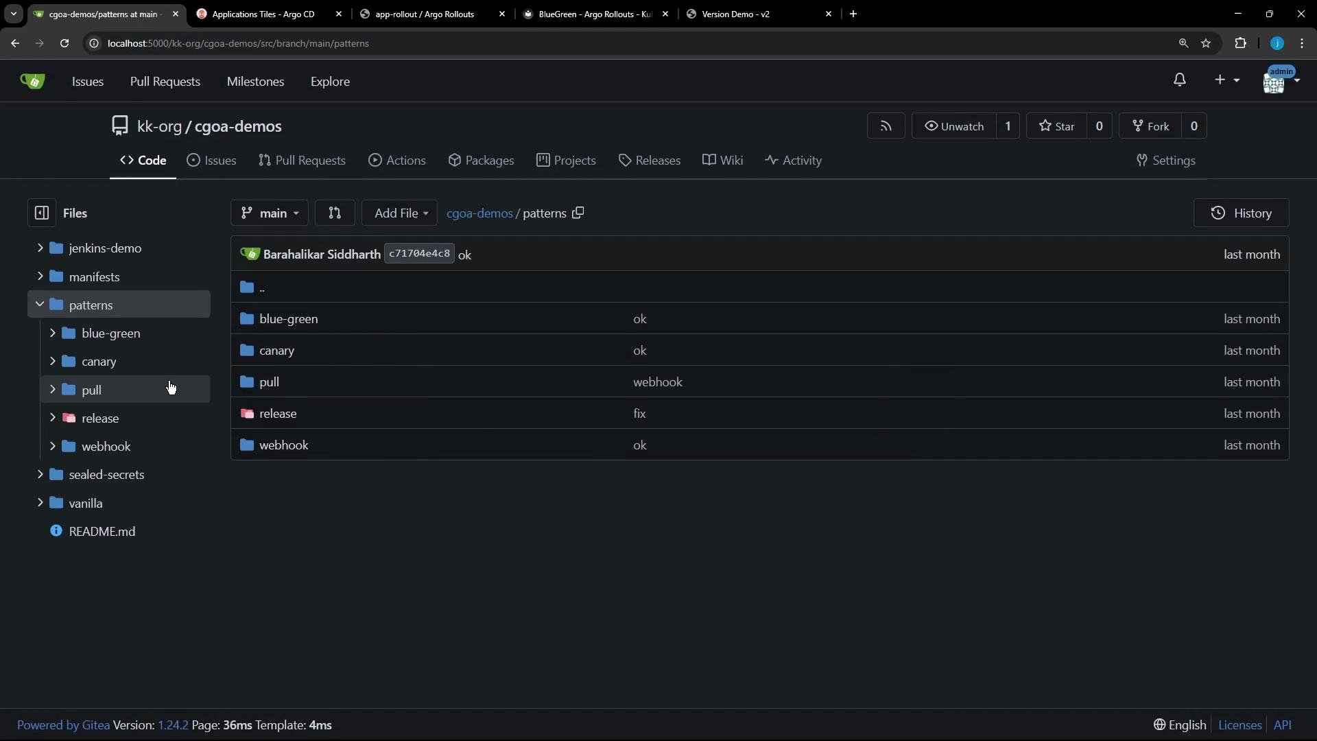 This image shows a web interface displaying the contents of a repository named "cgoa-demos" with multiple folders and files listed under the "patterns" directory. It appears to be a Git-like platform, featuring directories for "blue-green," "canary," "pull," "release," and "webhook."