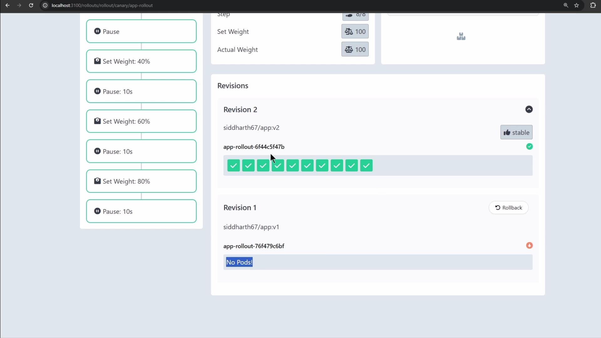 The image shows a software interface for managing application rollouts, displaying steps like setting weights and pauses, with revisions marked as stable or "No Pods".