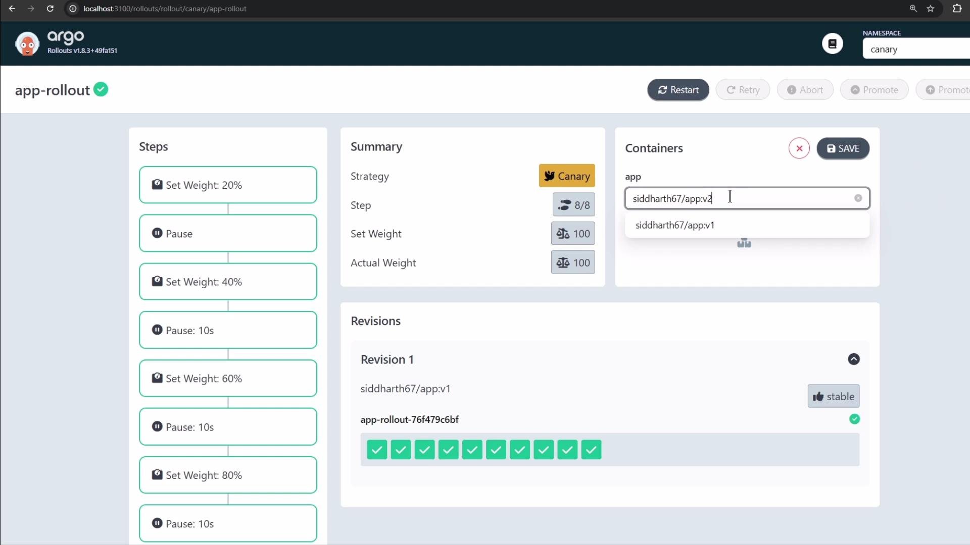 The image shows an Argo Rollouts dashboard for managing application rollout strategies, specifically using a canary deployment strategy. It displays steps with weight settings, a container selection, and revision details.