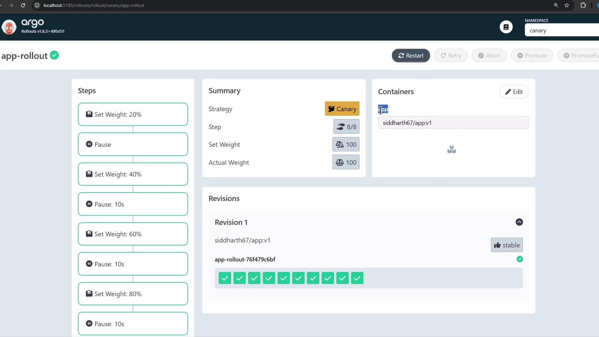The image shows the interface of Argo Rollouts, displaying a canary deployment strategy with various weighted steps and a successful revision summary.