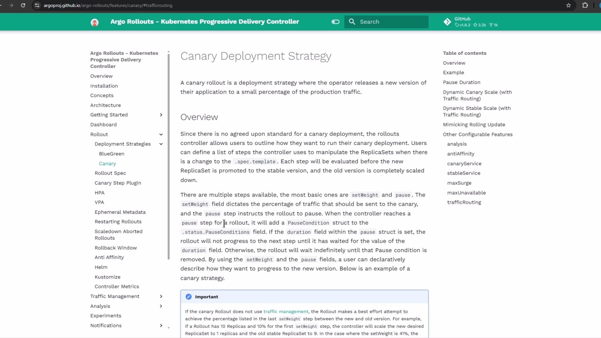 The image shows a webpage titled "Canary Deployment Strategy" from Argo Rollouts, discussing a method for gradually releasing a new software version. It includes an overview and table of contents on the right.