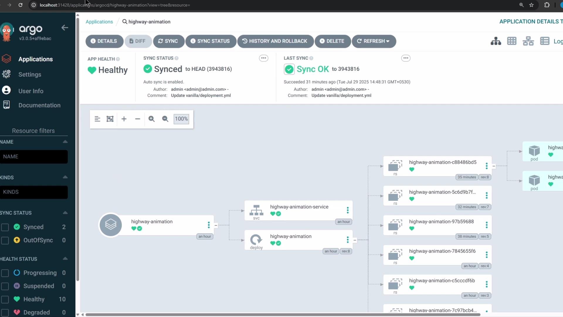 The image shows the Argo CD dashboard displaying an application's deployment status, including its health as "Healthy" and sync status as "Synced." The interface also shows a visual representation of the application's components and their current deployment states.