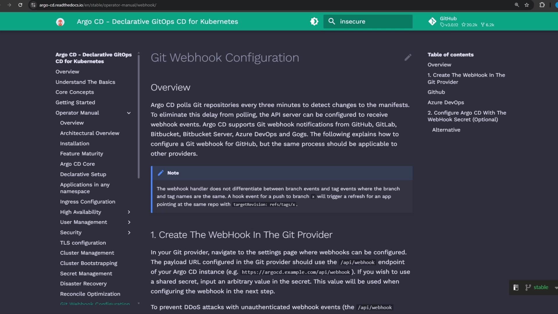 The image shows a webpage from the Argo CD documentation, detailing the configuration of Git webhooks. It includes an overview, instructions, and navigation links.