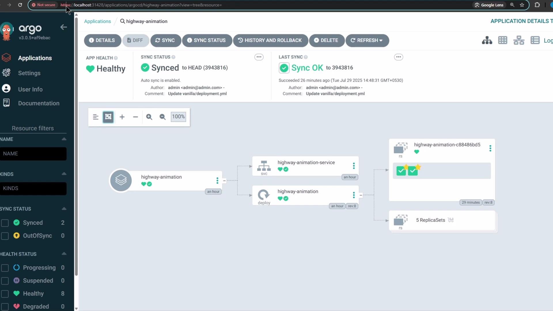 The image shows a UI from Argo CD displaying the status of a Kubernetes application called "highway-animation," which is healthy and synced. The visual representation includes services and deployments with their current statuses.