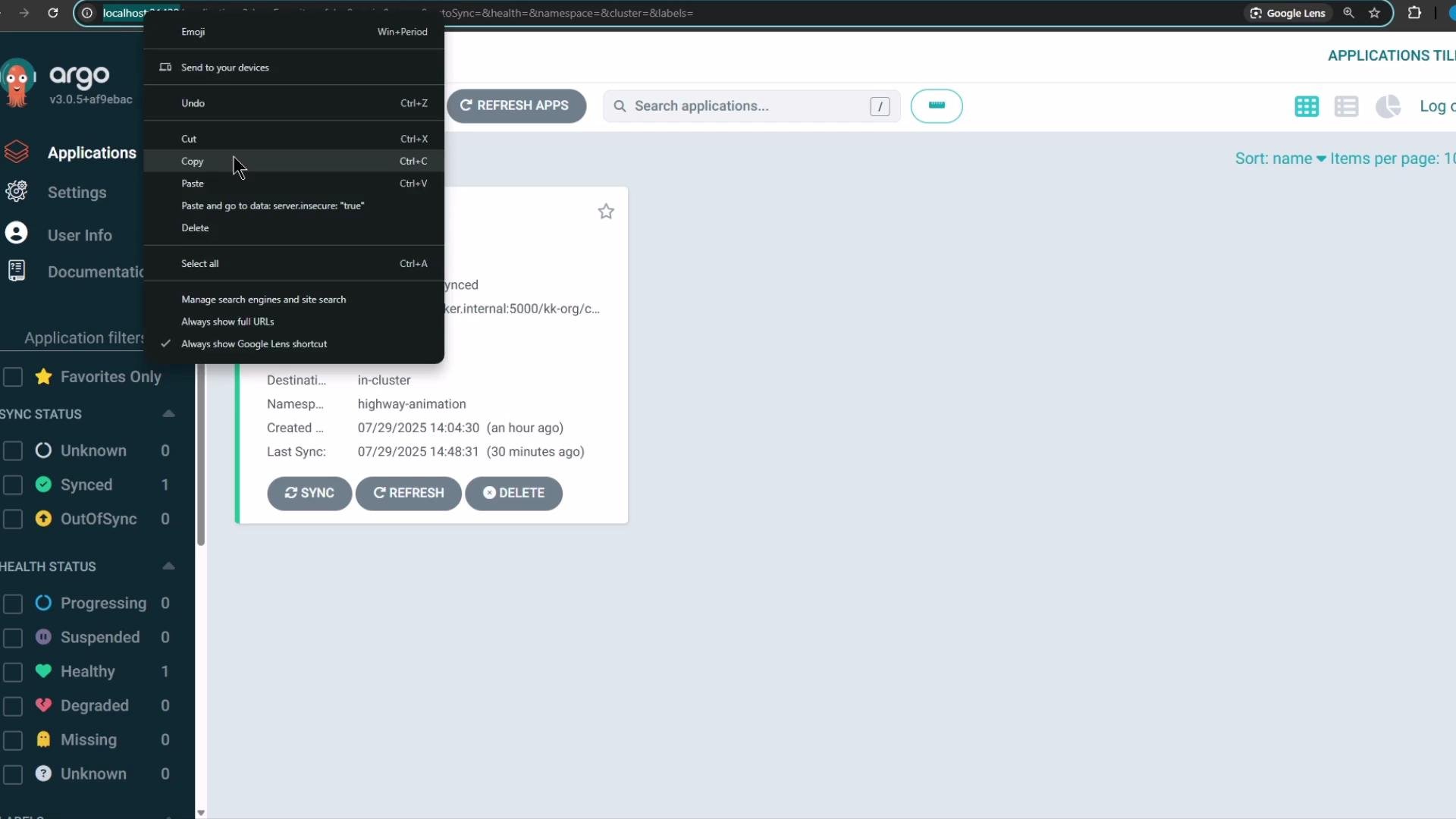 The image shows a screenshot of the Argo CD application interface with a context menu open for copying. It displays application details such as sync status and creation time.
