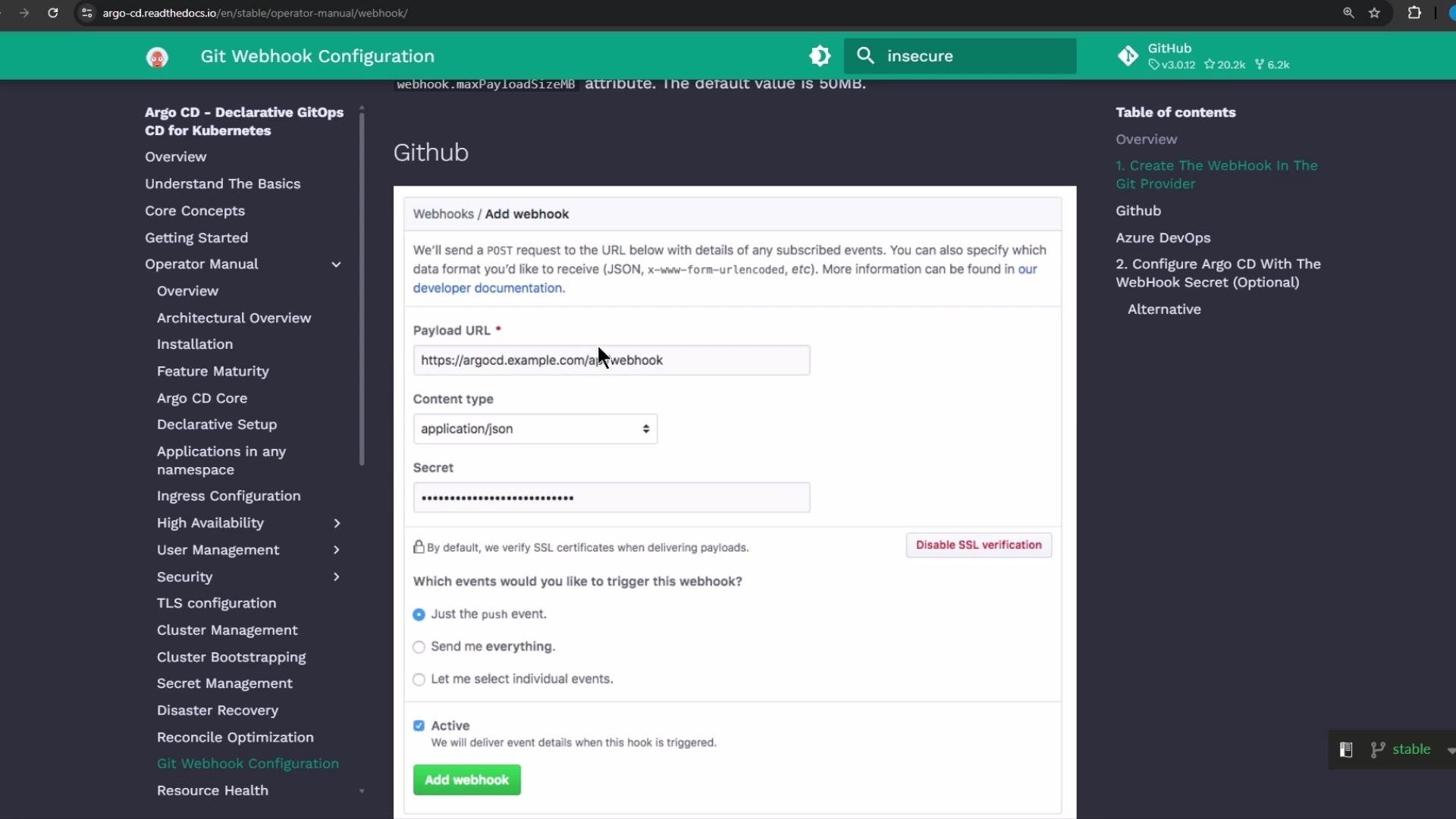 The image shows a Git Webhook configuration page on a website, detailing settings for adding a webhook, including fields for Payload URL, Content type, and event triggers.