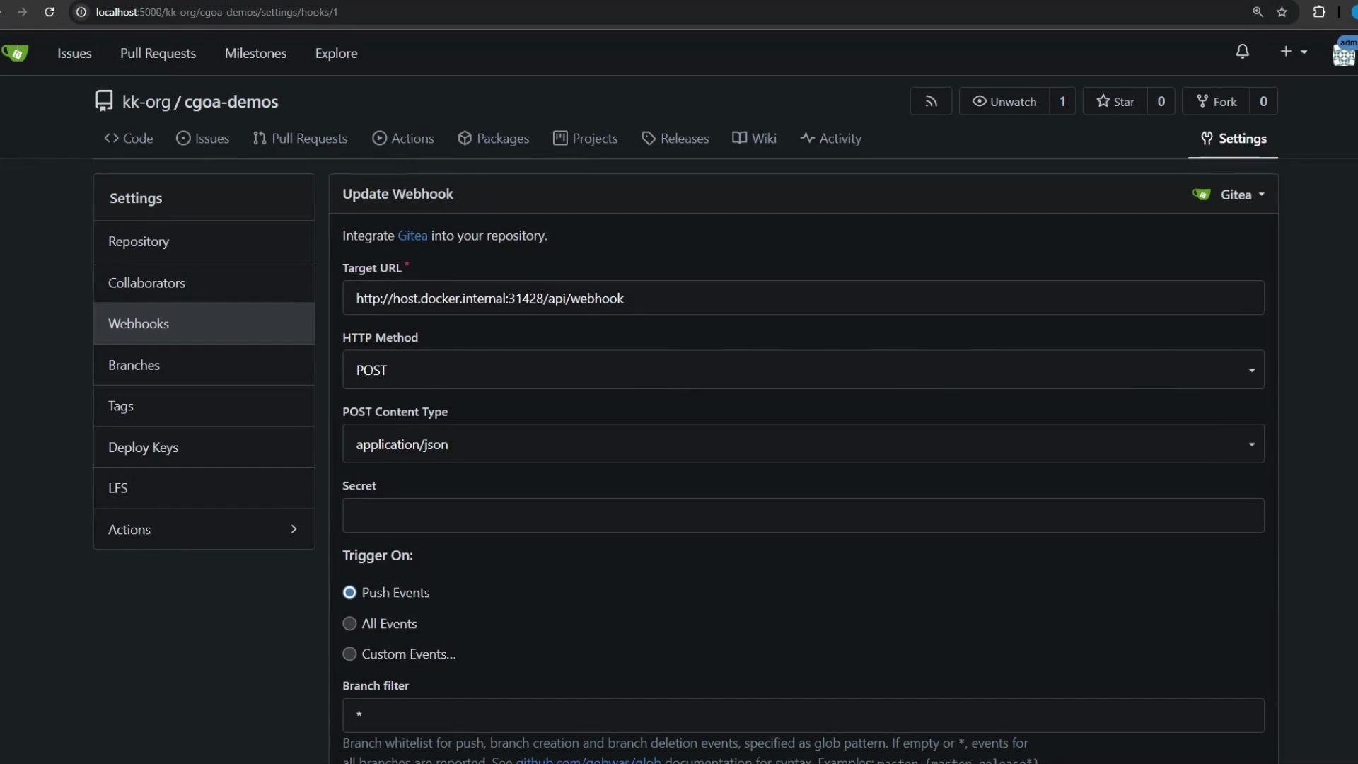The image shows a web interface for setting up a webhook in a repository, with fields for Target URL, HTTP Method, and options for triggering events.