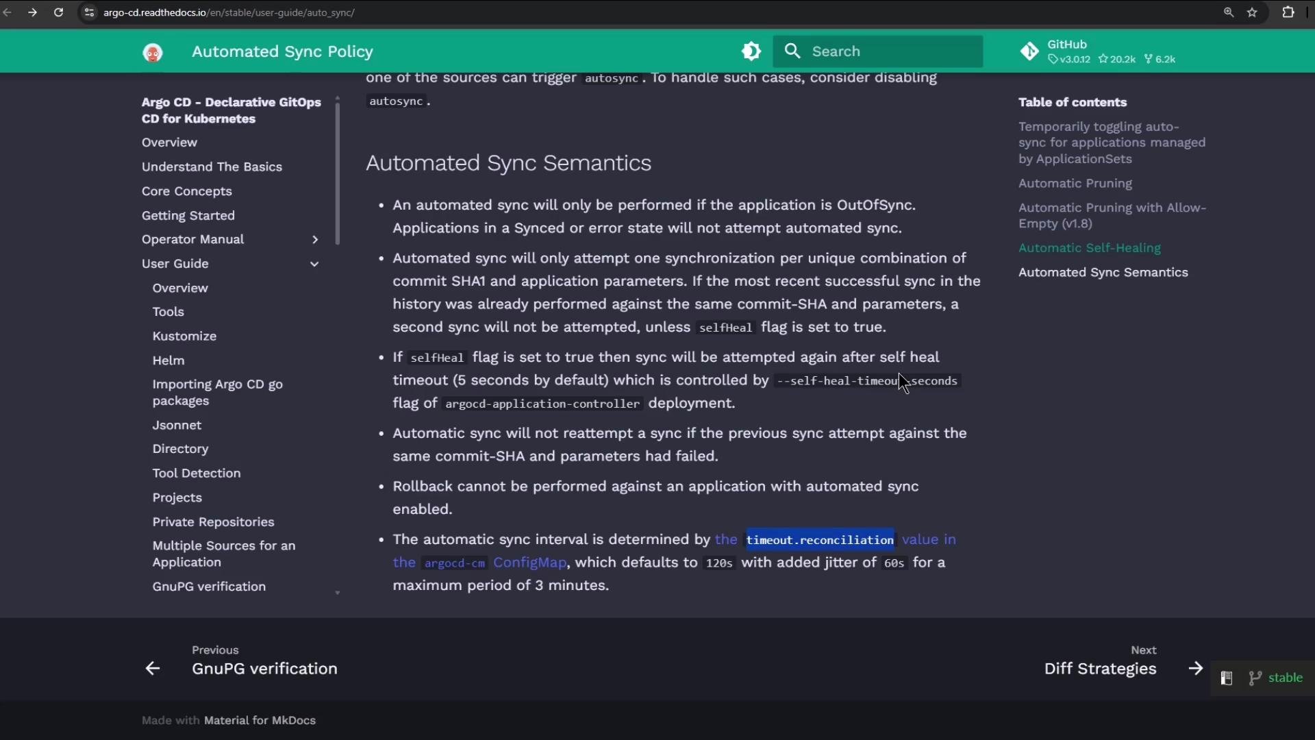 The image is a screenshot of the Argo CD documentation webpage, displaying information about automated sync semantics in Kubernetes, with a sidebar menu for navigation.