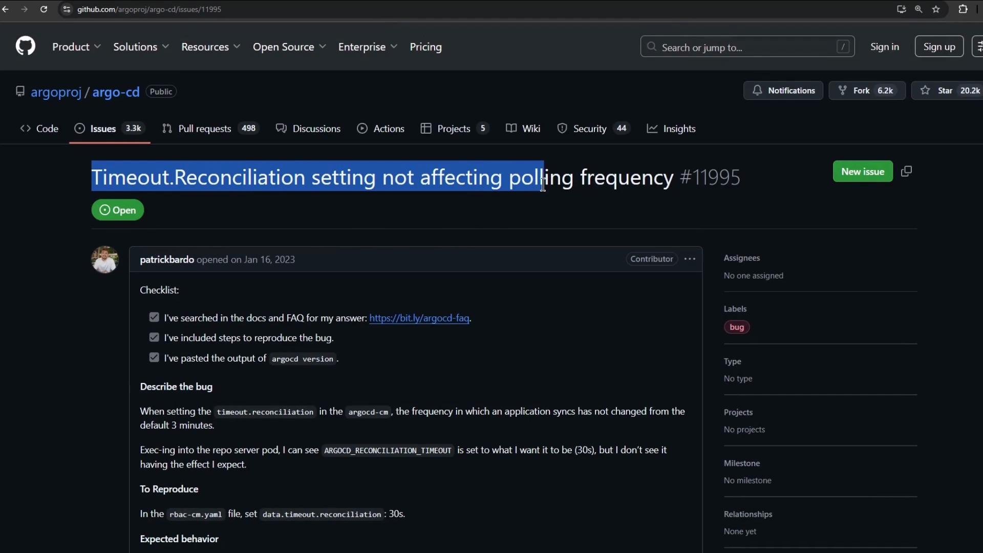 The image shows a GitHub issue page for the project "argo-cd," where an open issue titled "Timeout.Reconciliation setting not affecting polling frequency" is being discussed. The issue, labeled as a bug, includes a checklist and a description of the problem.