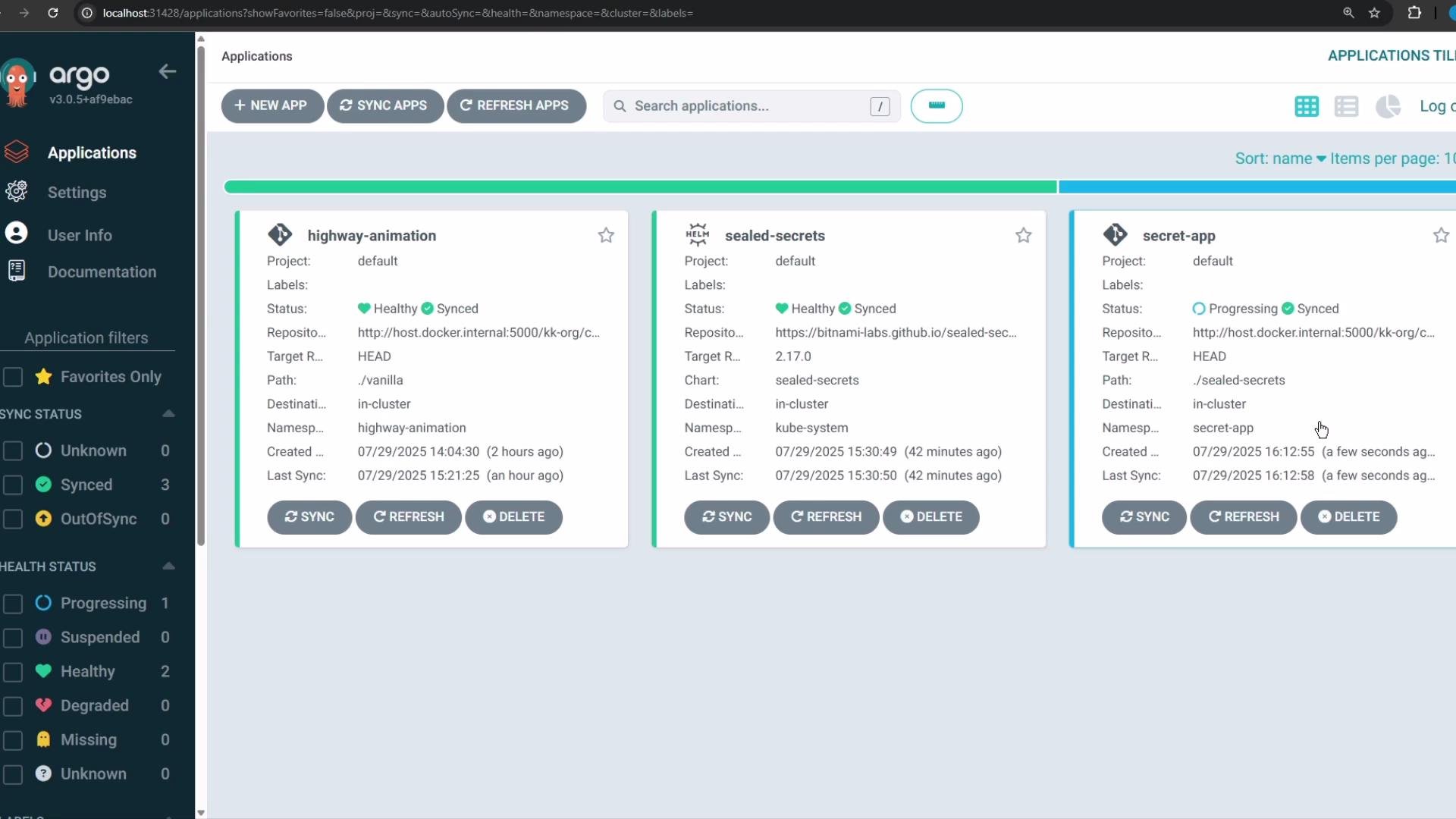 The image shows a user interface of Argo CD, displaying a list of applications with their synchronization and health statuses. It includes details for each application, like repository, target revision, and last sync time.