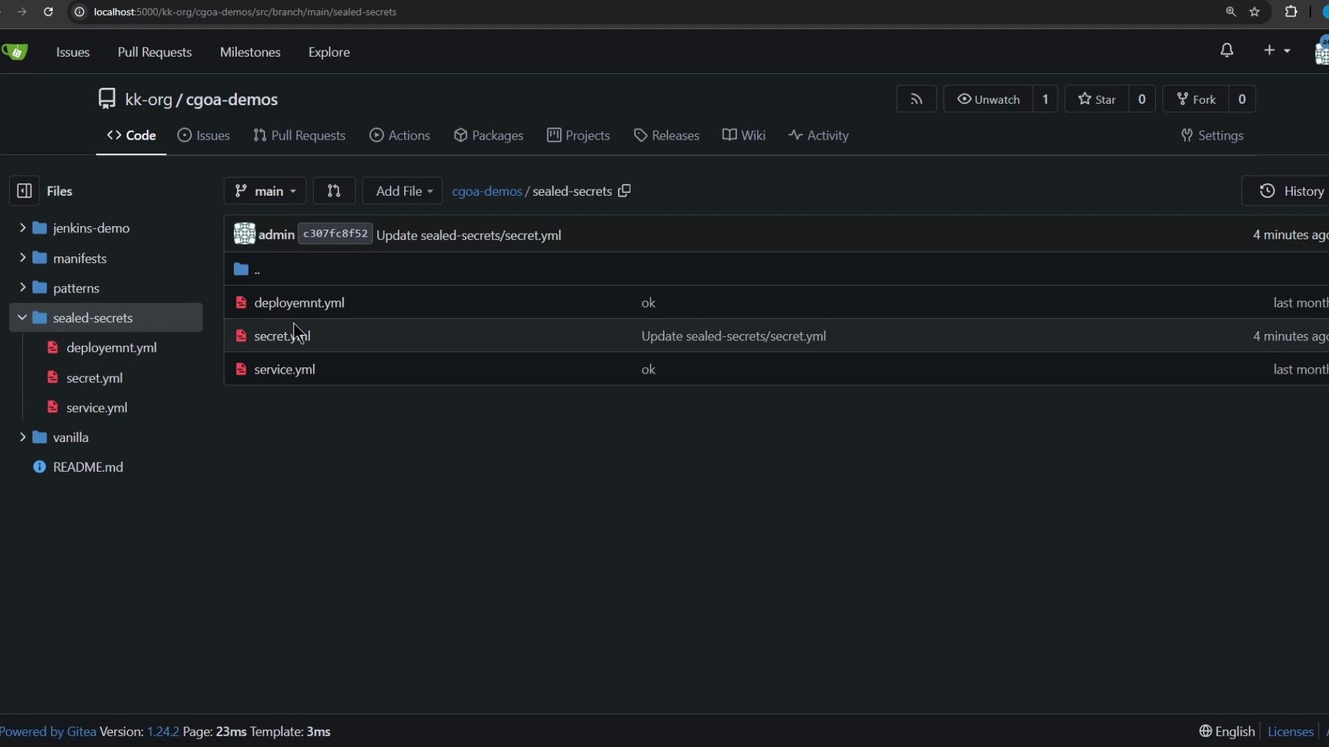 The image shows a file directory from a web-based code repository, featuring a folder called "sealed-secrets" with YAML files related to deployment and services. The repository interface displays recent updates, including modifications to a "secret.yml" file.