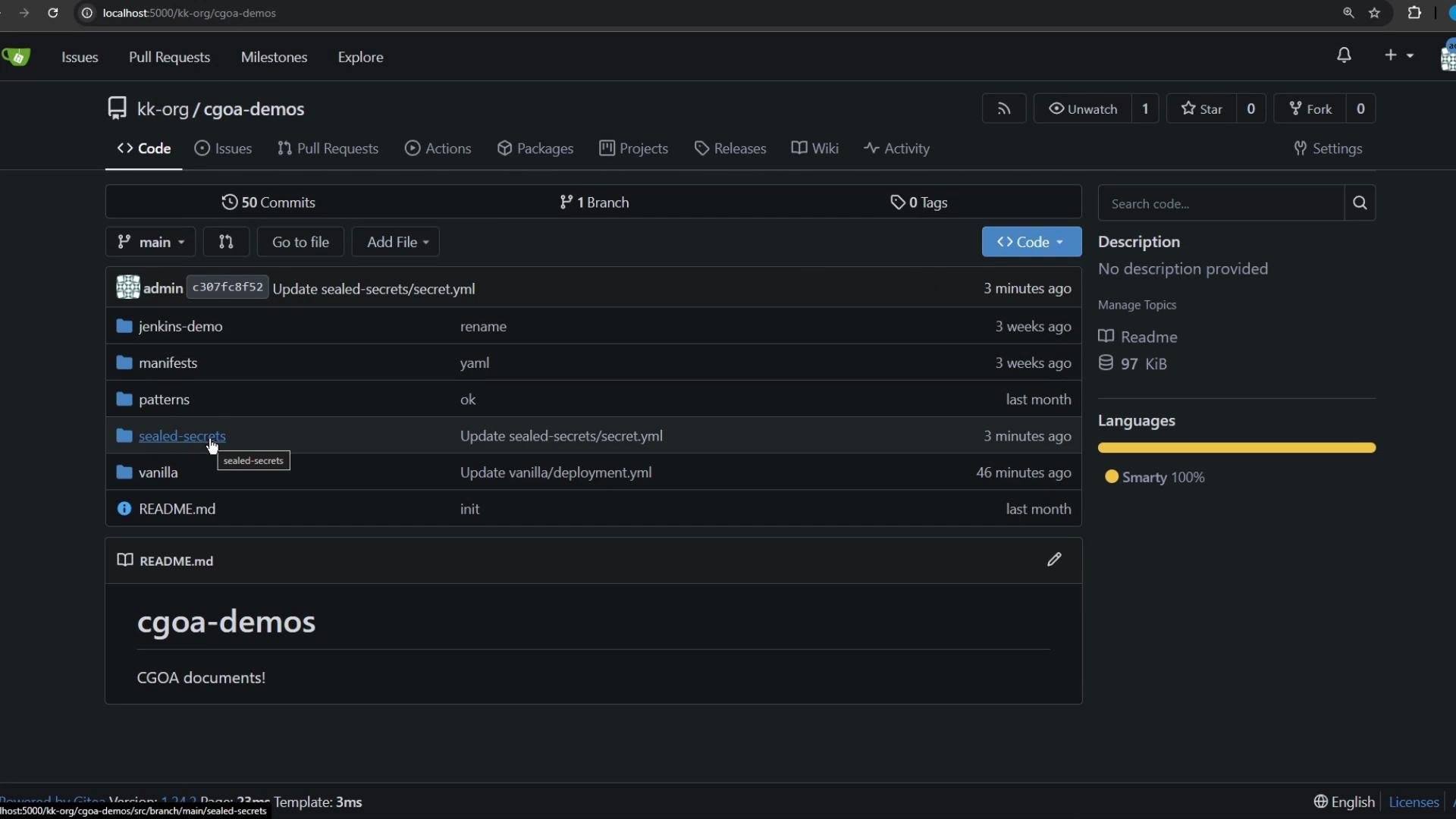 The image shows a GitHub repository interface with files and folders listed, including updates and commit details. It highlights the use of the Smarty language.