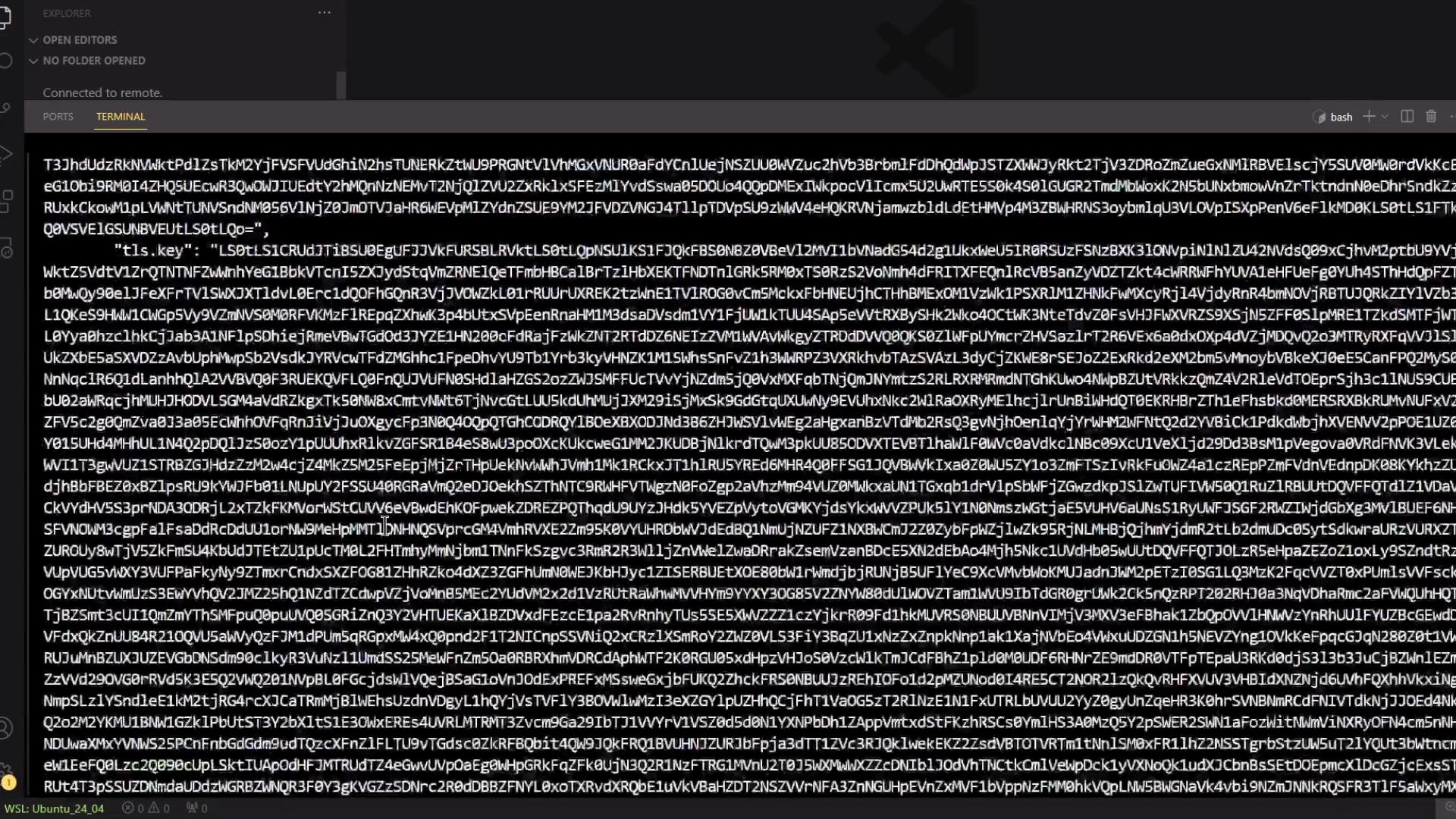 The image shows a terminal window in a code editor displaying encoded or encrypted text.