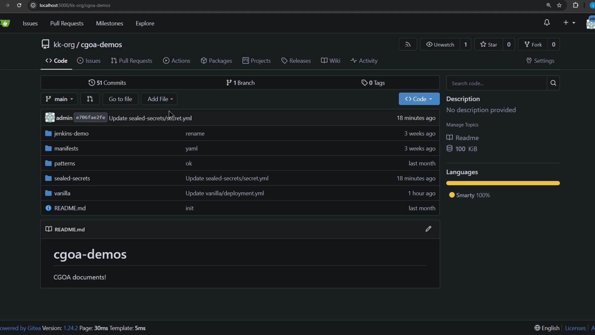 The image shows a web interface of a Git repository named "cgoa-demos," displaying folders and files along with their last updated information. It is powered by Gitea and shows sections like commits, branches, and languages used.