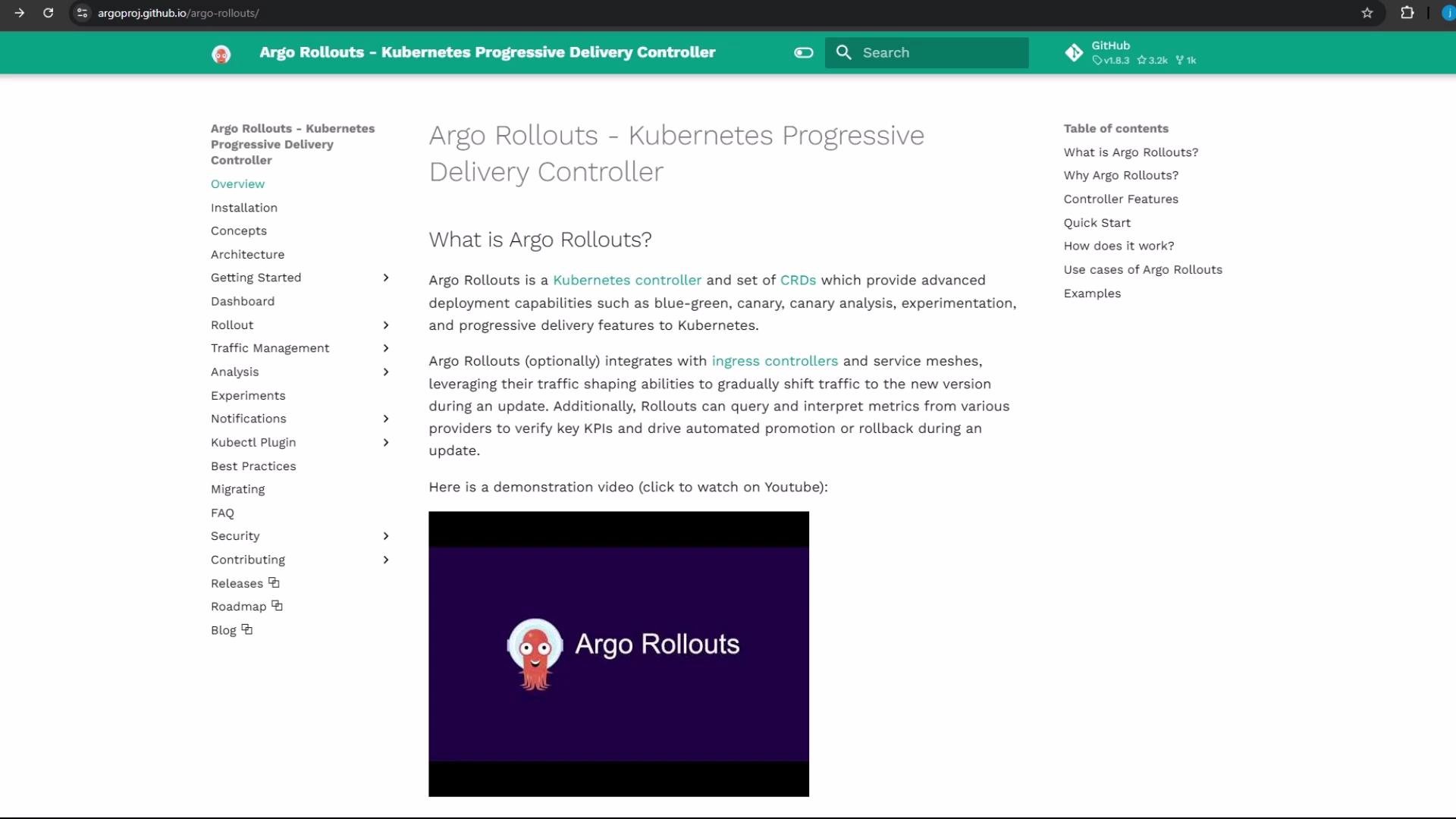 The image shows a webpage from the Argo Rollouts documentation, explaining its functions as a Kubernetes Progressive Delivery Controller, with a menu on the left and a description of its key features on the right.