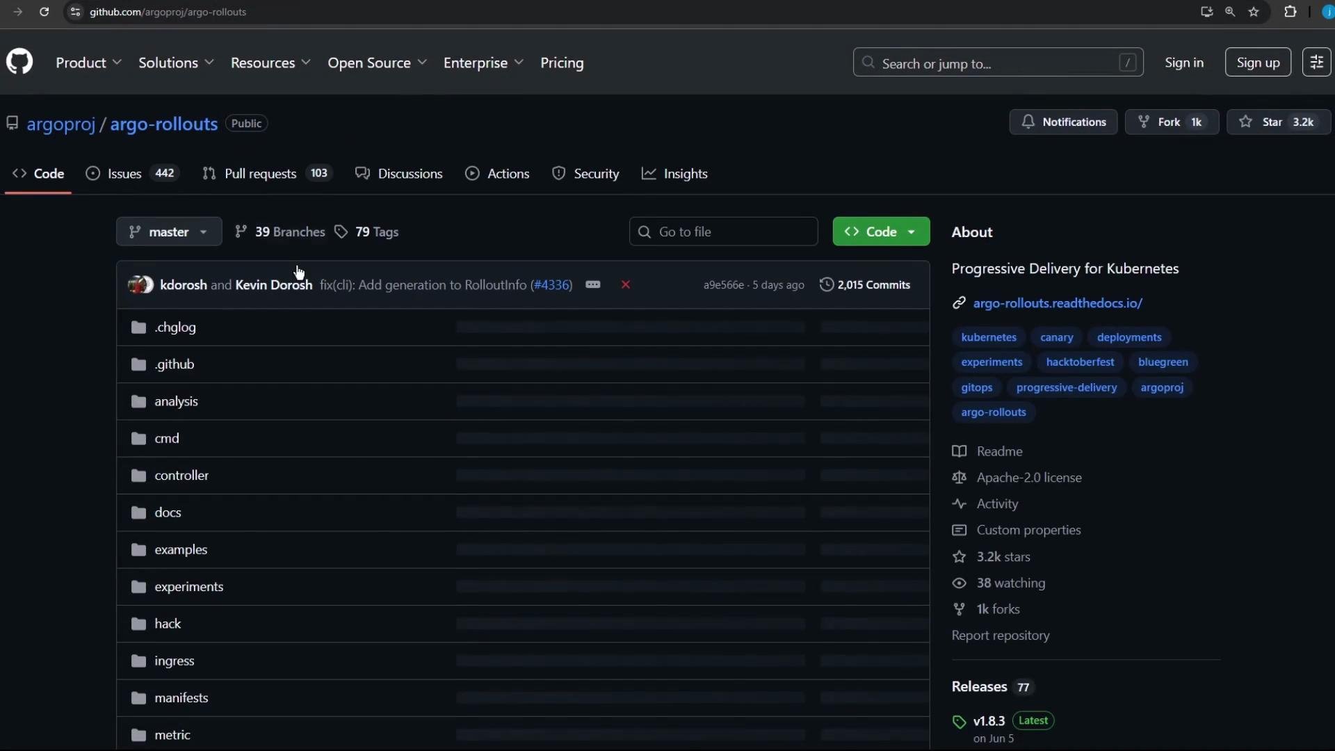 This image shows a GitHub repository page for "argo-rollouts," featuring sections for code, issues, and pull requests, with repository statistics like stars and forks.