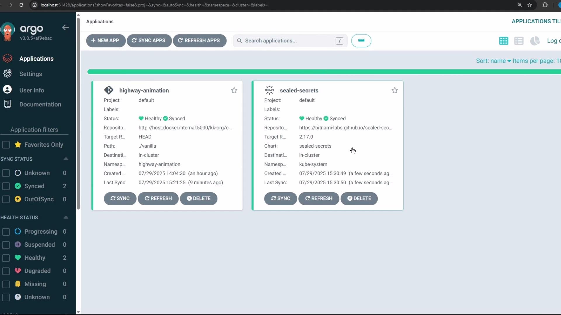 The image shows an Argo CD interface with two applications, "highway-animation" and "sealed-secrets," both displaying a status of "Healthy" and "Synced." It includes options to sync, refresh, or delete the applications.