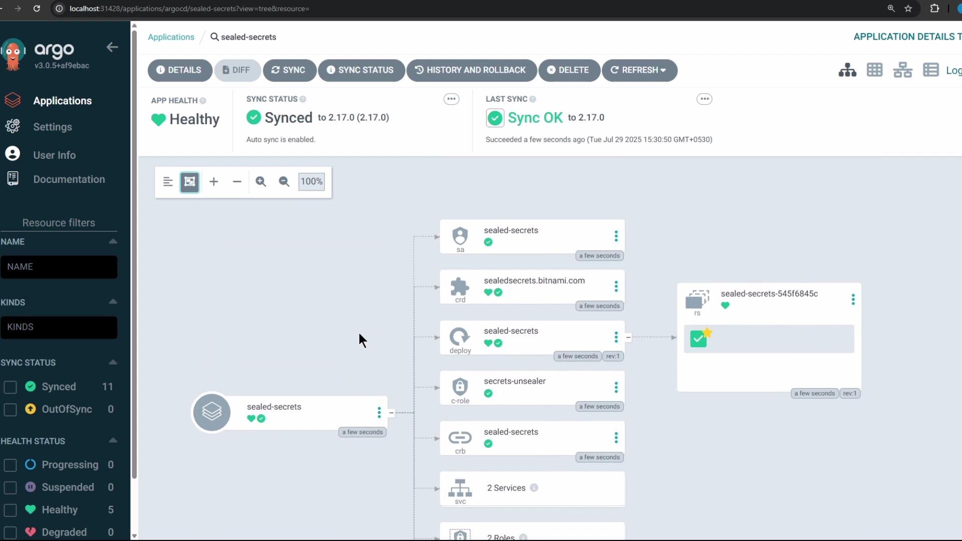 The image shows a user interface of Argo CD, displaying the "sealed-secrets" application with a healthy and synced status, along with its related resources and configurations.