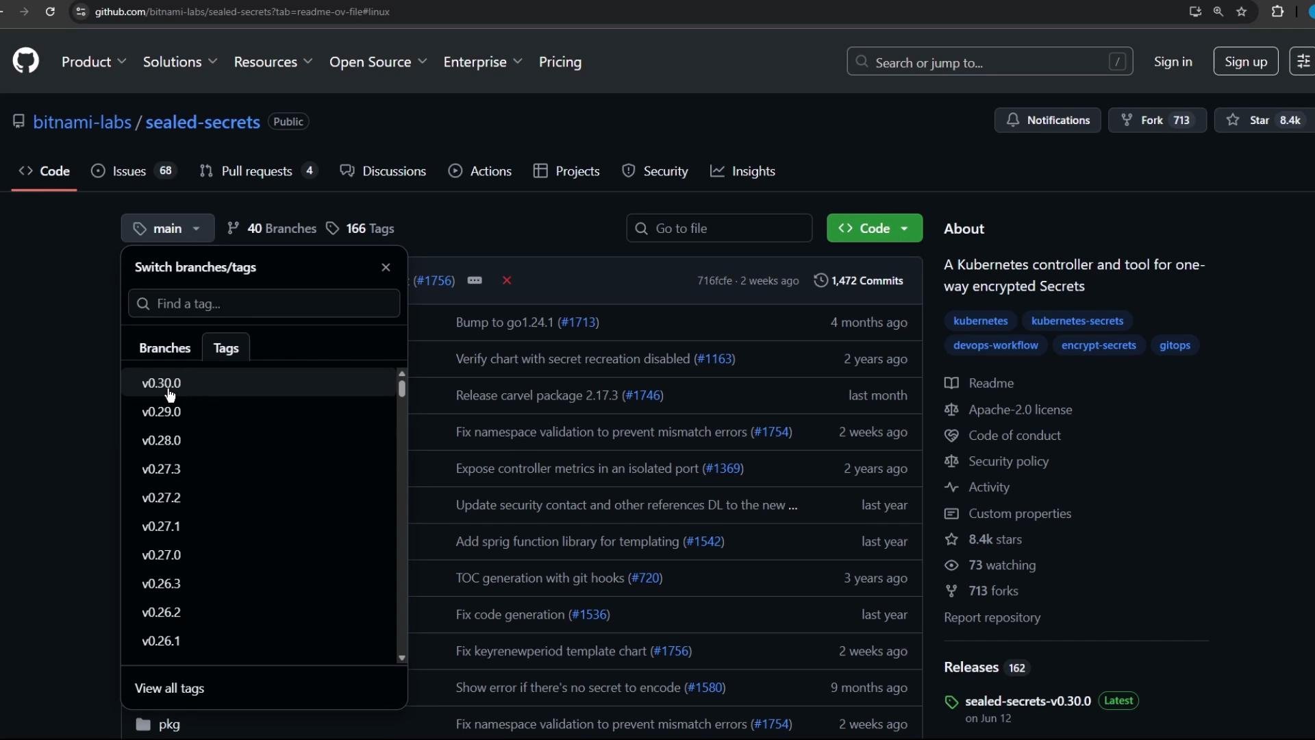The image shows a GitHub repository page for "bitnami-labs/sealed-secrets," displaying a list of branches/tags and recent commits. The repository is described as a Kubernetes controller for encrypted secrets.