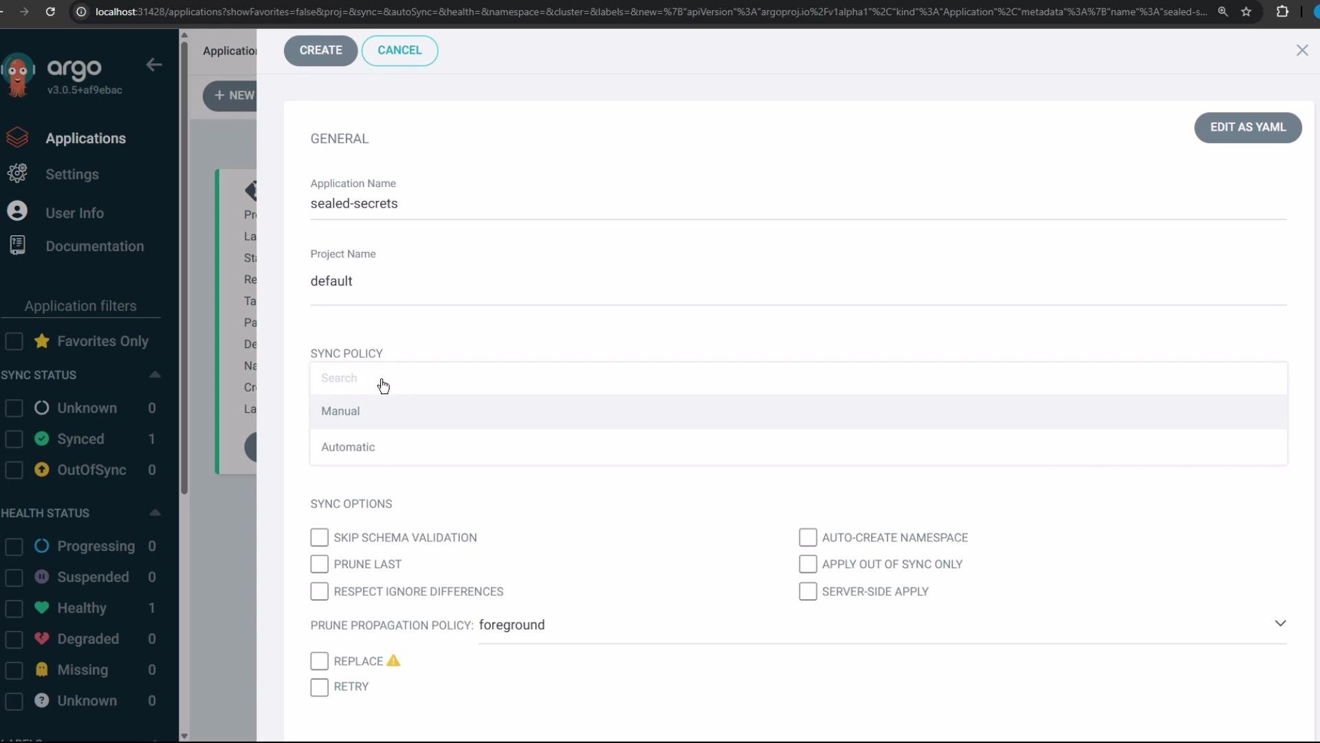The image shows a software configuration interface for an application called "sealed-secrets" in ArgoCD, with options for setting sync policies and other settings like schema validation and namespace creation.