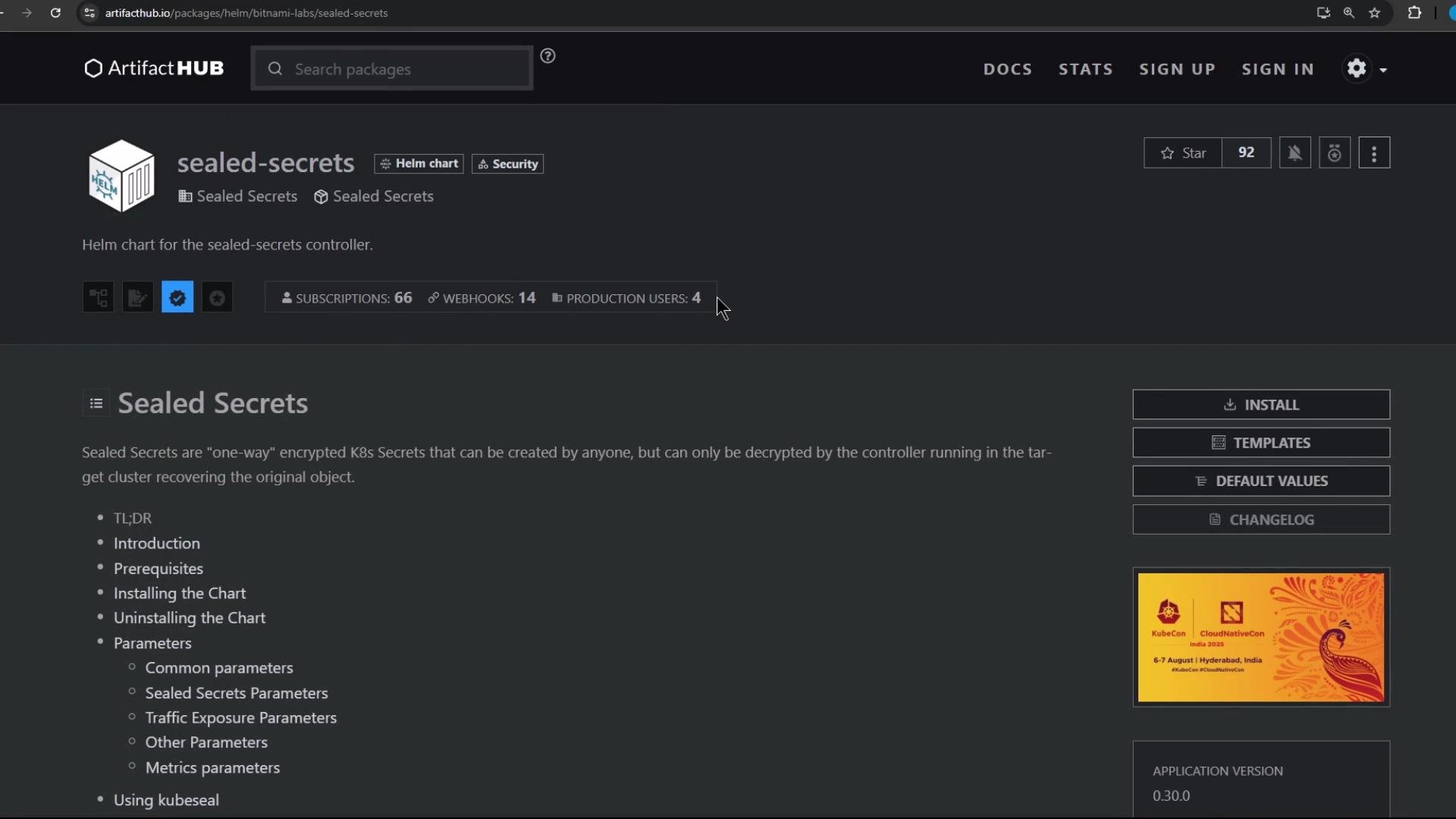 The image shows a webpage for "sealed-secrets" on Artifact Hub, detailing a Helm chart for a sealed-secrets controller with options to install, templates, default values, and a changelog. It also features a banner for KubeCon + CloudNativeCon India 2023.