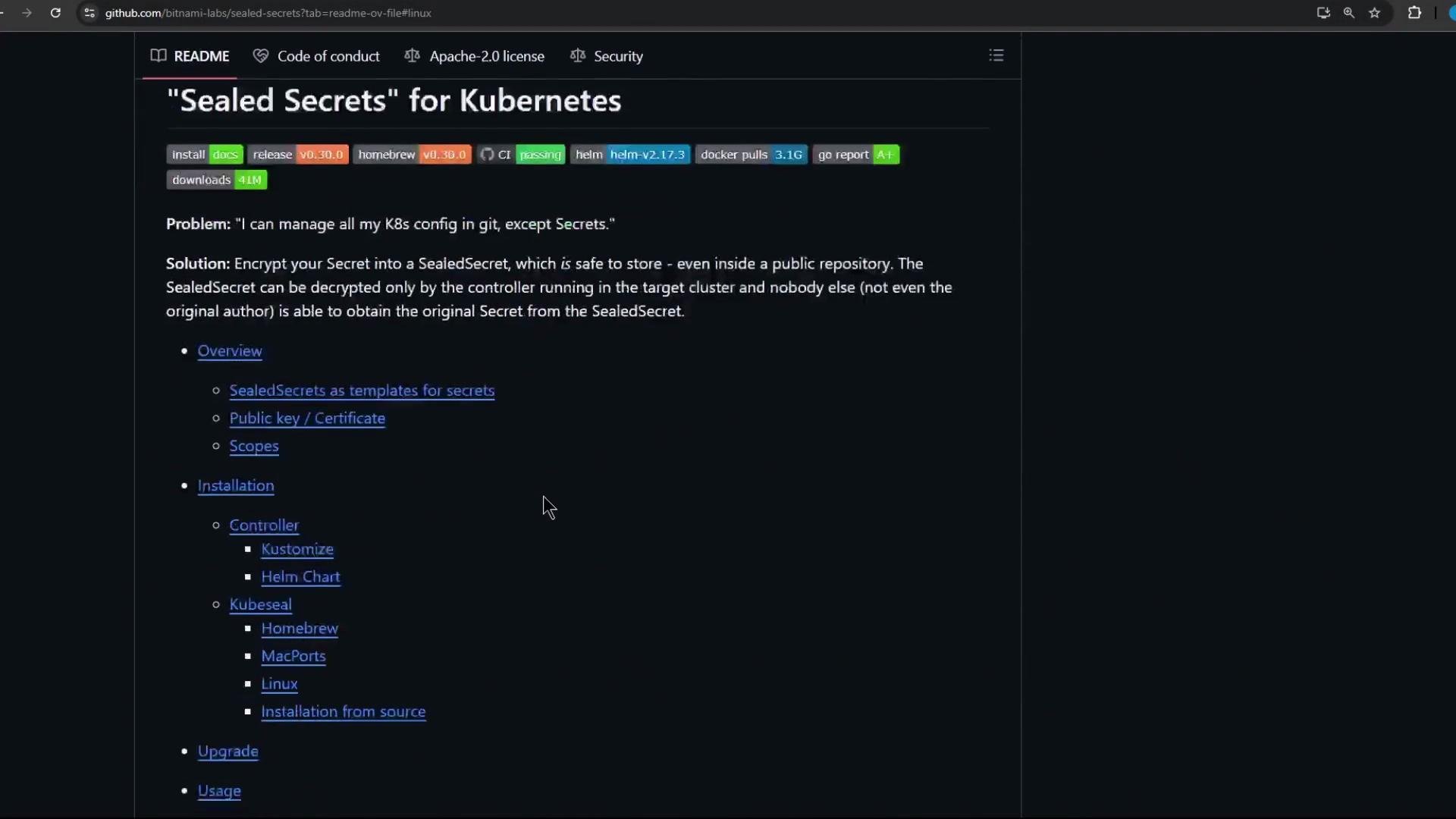 The image is a screenshot of a GitHub page for the project "Sealed Secrets" for Kubernetes, showing installation and usage documentation.
