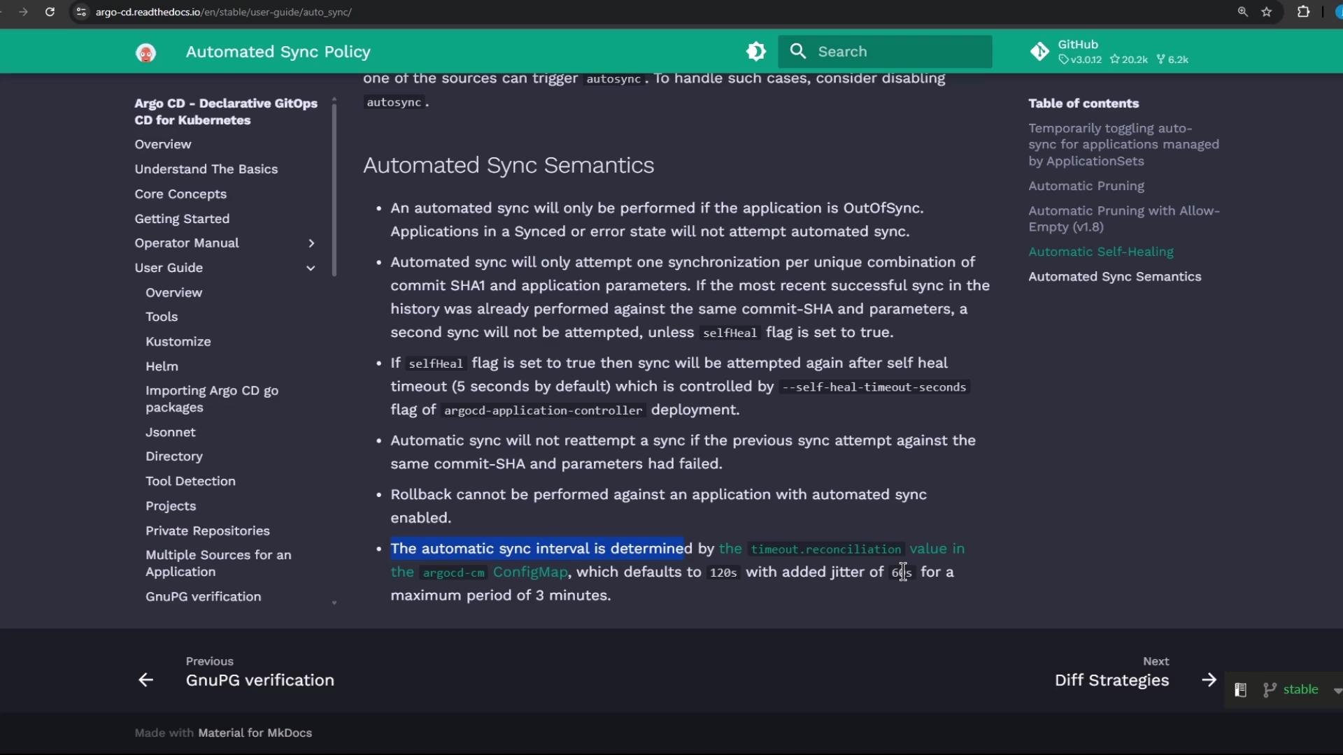The image shows a webpage from Argo CD's documentation on "Automated Sync Semantics". It details the conditions under which an automated sync will occur and describes related configurations and behaviors.