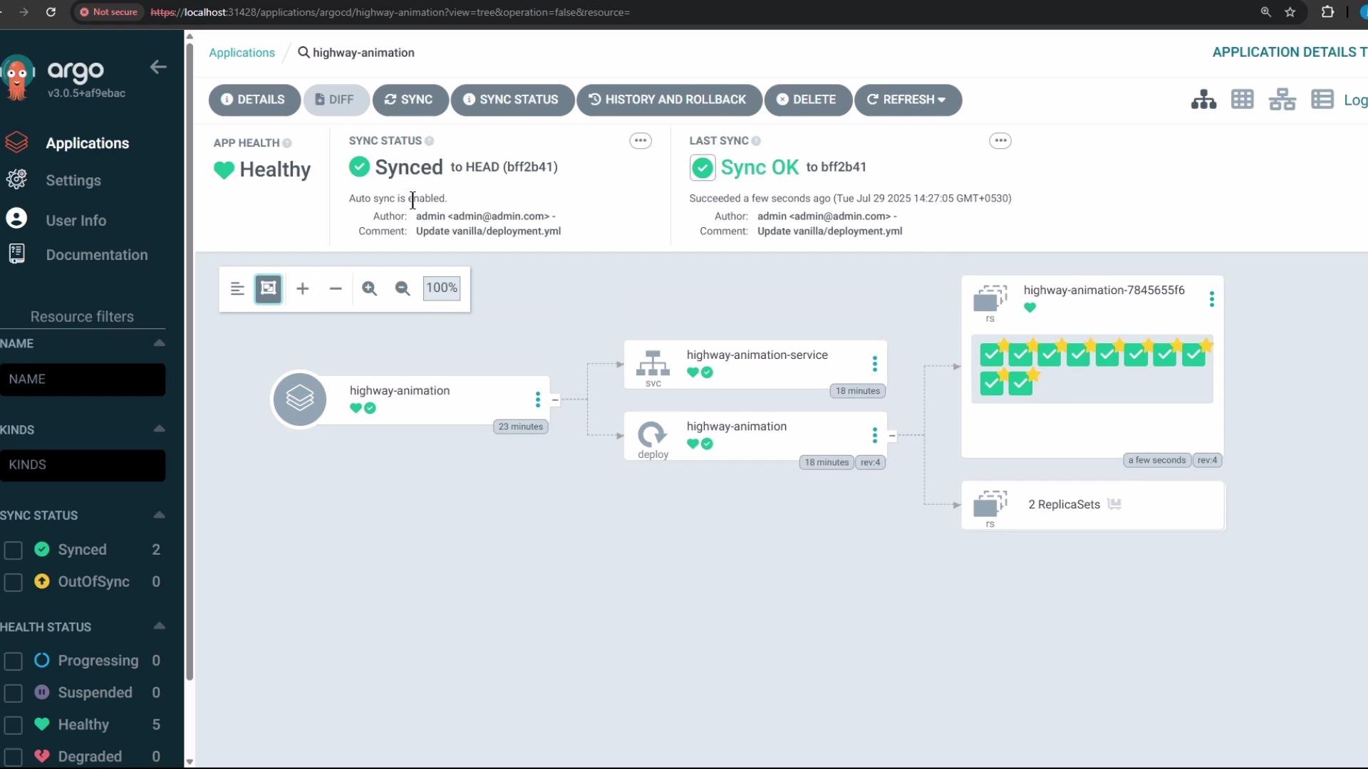 The image shows a dashboard from the Argo CD application with a visual representation of an application's deployment status, indicating a healthy and synced state. It features a flowchart showing service and deployment components with successful sync and health indicators.