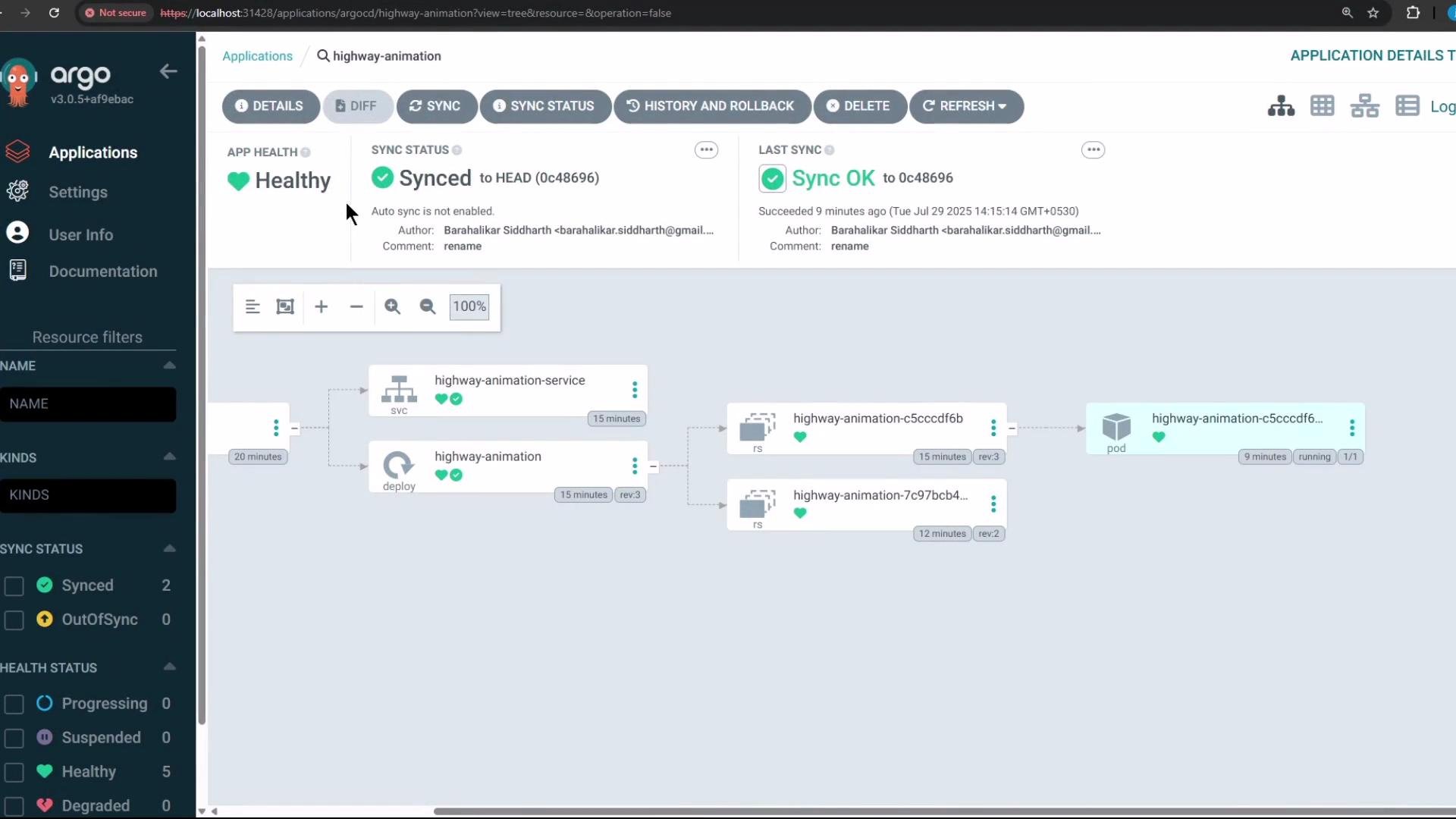 The image shows a deployment view in Argo CD, displaying the status of a "highway-animation" application, which is healthy and synced. The interface displays details like revision history, sync status, and component hierarchy.