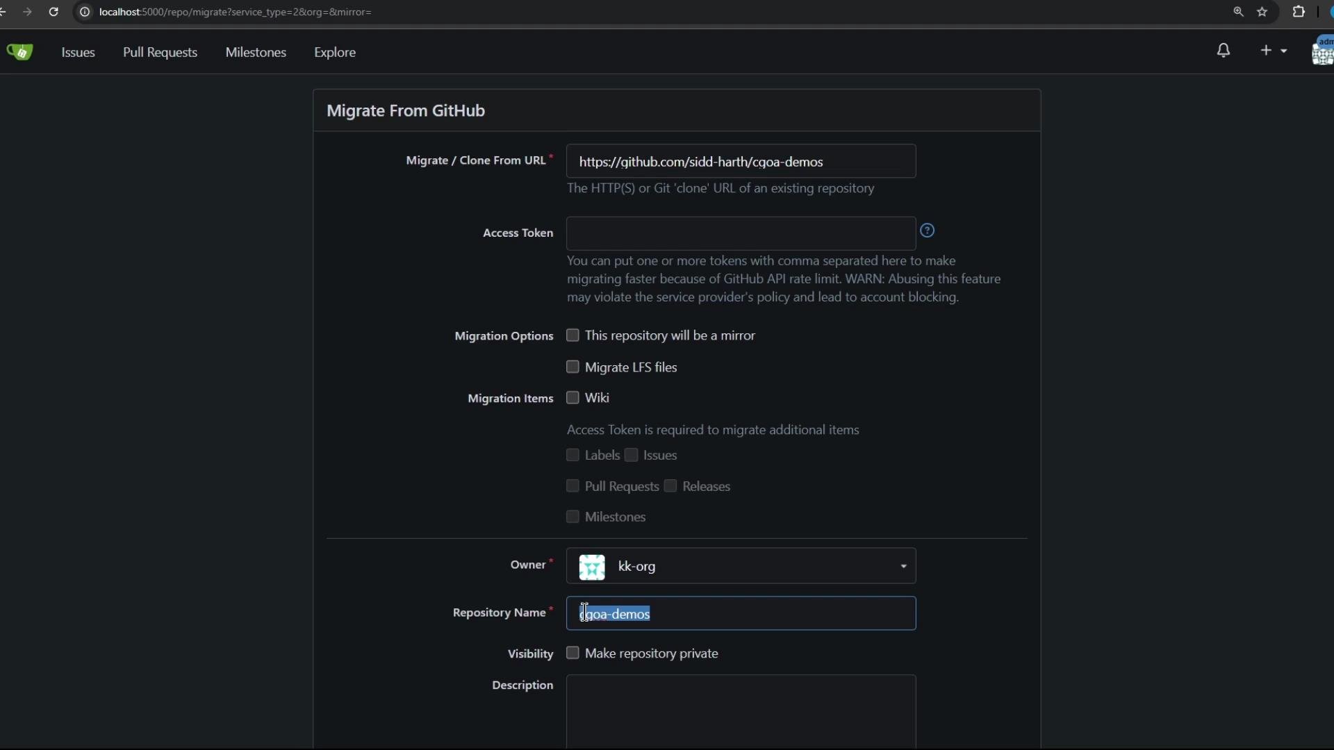 The image shows a web interface for migrating a GitHub repository. It includes fields for a repository URL, access token, migration options, and other settings.